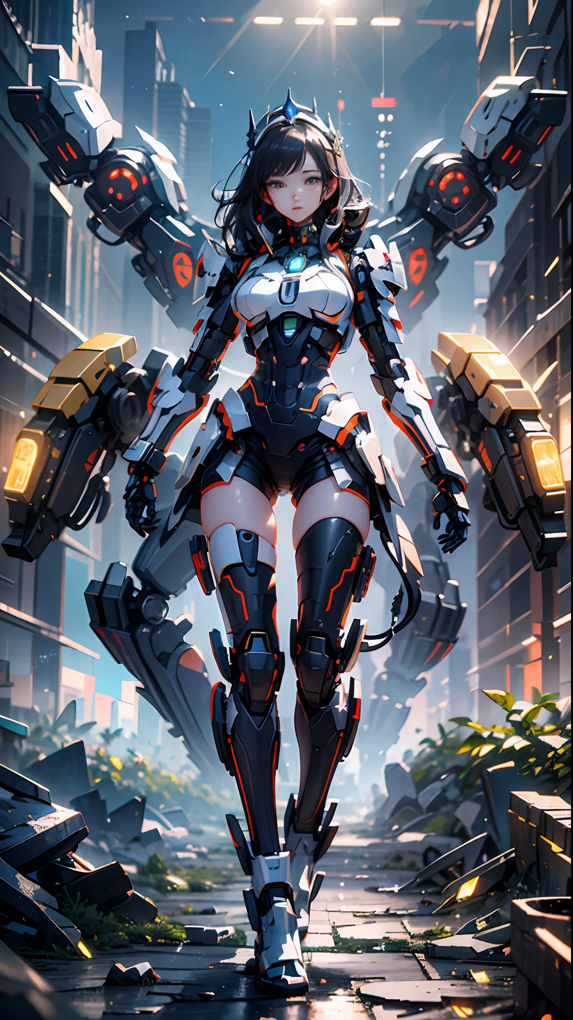 (Best Quality)), ((Masterpiece)), (Very Detailed: 1.3), 3D, Icaru valkirie-mecha, Beautiful cyberpunk woman wearing crown, with master chef style armor, sci-fi technology, HDR (High Dynamic Range), ray tracing, nvidia RTX, super resolution, unreal 5, subsurface scattering, PBR texture, post-processing, anisotropic filtering, depth of field, maximum sharpness and sharpness, multi-layer texture, Specular and albedo mapping, surface shading,  accurate simulation of light-material interactions, perfect proportions, octane rendering, duotone lighting, low ISO, white balance, rule of thirds, wide aperture, 8K RAW, high efficiency subpixels, subpixel convolution, light particles, light scattering, Tyndall effect, very sexy, full body, battle pose, black hair with braids,