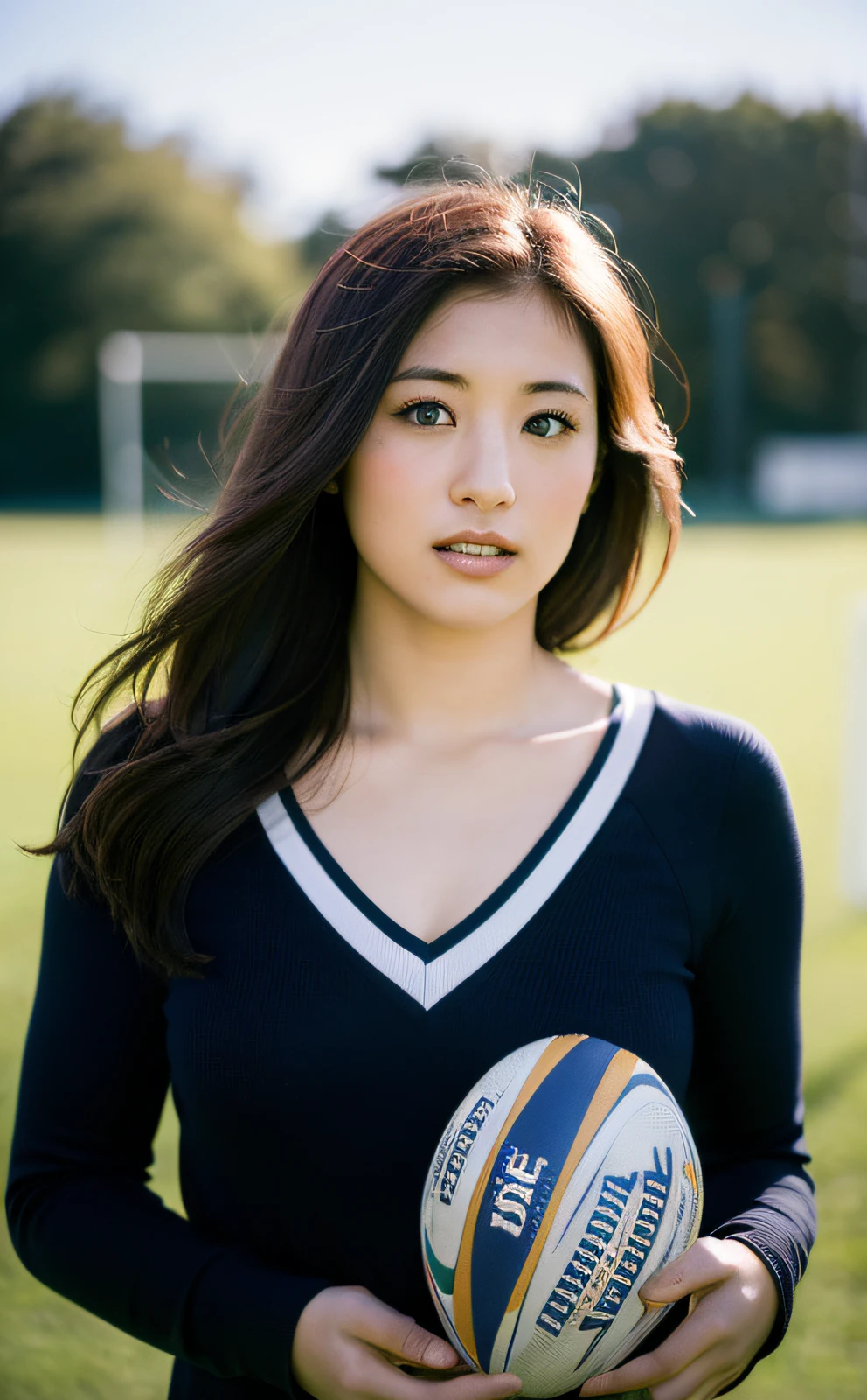 rugby, beautiful Japan woman, Hasselblad camera, RAW photography, (Real: 1.3), (Beautiful and attractive: 1.4)