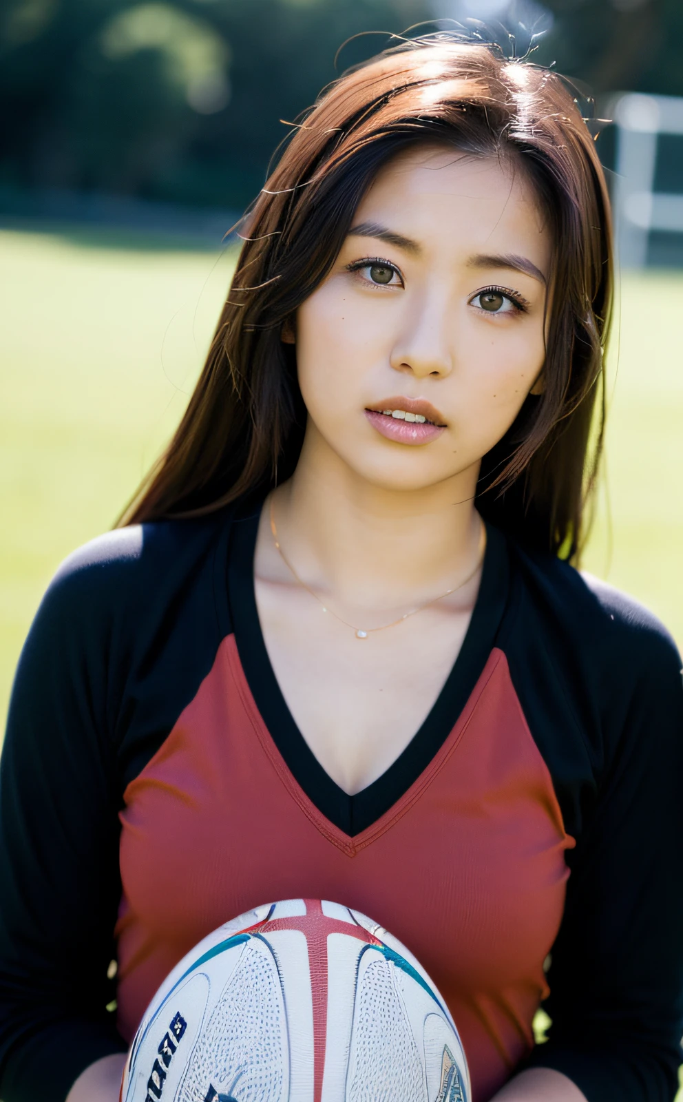 rugby, beautiful Japan woman, Hasselblad camera, RAW photography, (Real: 1.3), (Beautiful and attractive: 1.4)