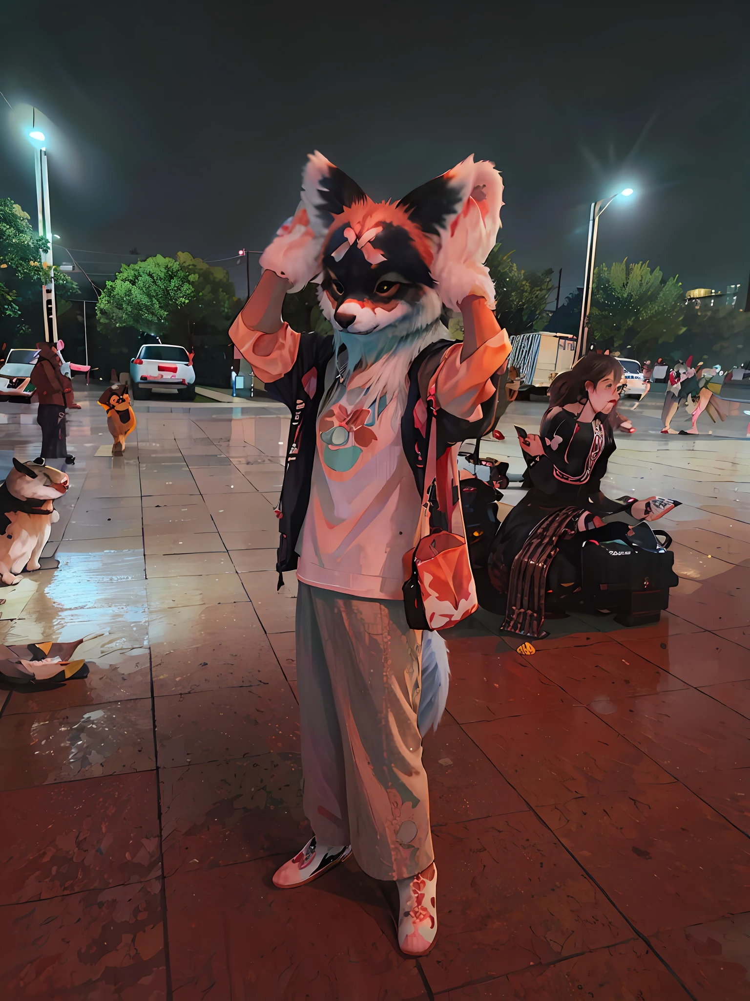 araffe dressed in a costume standing on a sidewalk with people sitting on the ground, fursuit, fursuit!!!!, taken with sony alpha 9, fursona wearing stylish clothes, very very low quality picture, furry character, fursona!!!!, with kitsune mask, 8k 50mm iso 10, profile picture 1024px, nigth