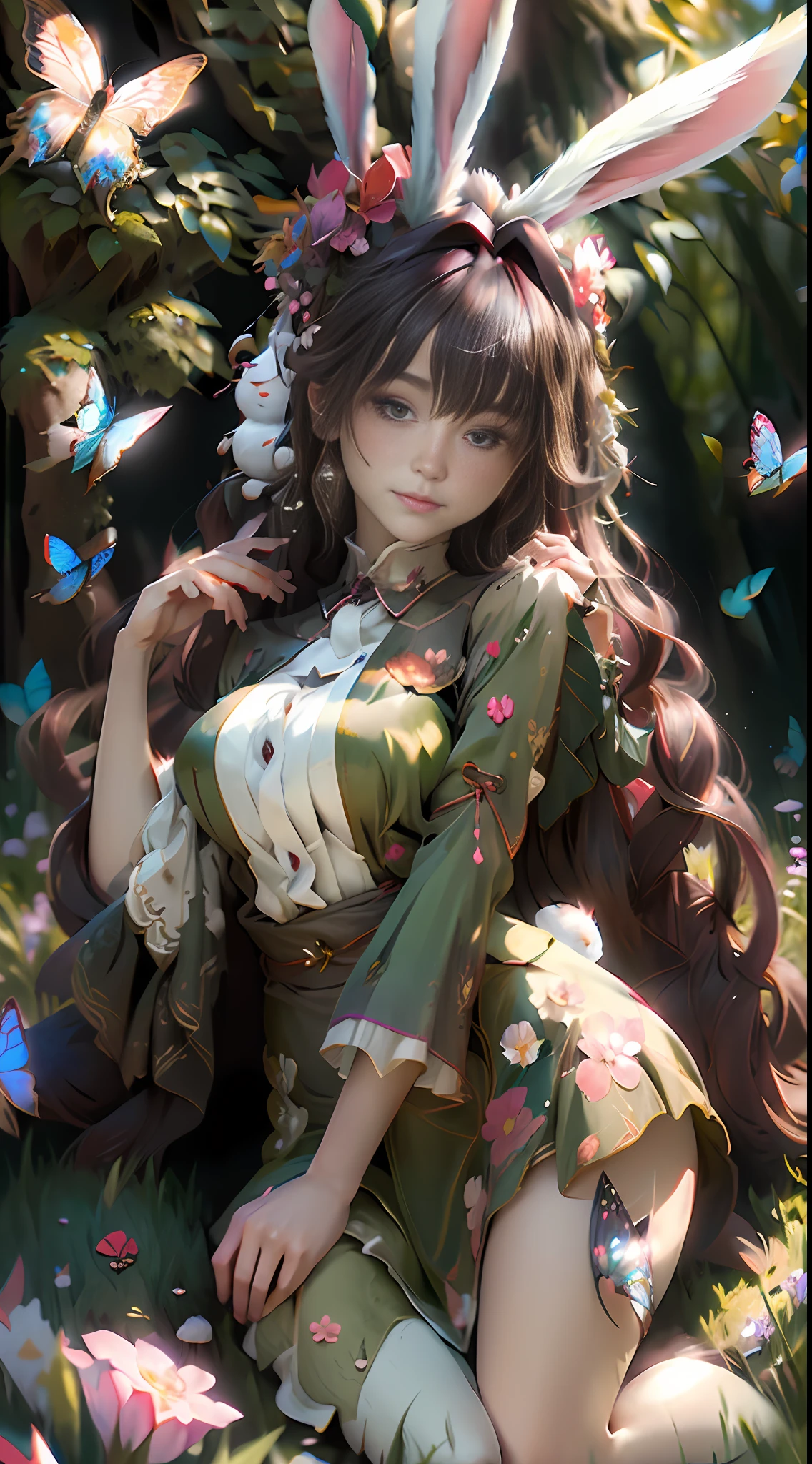 beautiful girl, forest, rabbit, shining light, sitting on grass, butterflies flying, flower garden