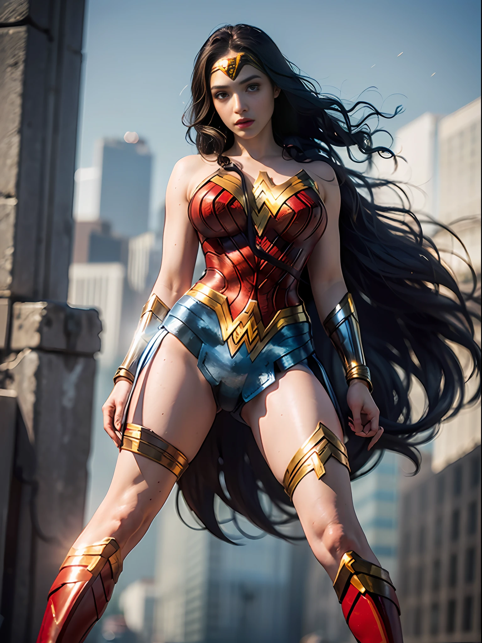 Ultra fine photography,, Best quality, Ultra High Definition, Natural light, Full body portrait, Amazingly beautiful,Long hair, Dynamic posing, Beautifully egg-shaped face, Brilliant eyes, Front view, ((Wonder Woman Costume)),Urban street, Detailed face, Detailed and complex busy background,(((Large breast)),High detail skin, Realistic skin details, visible pores, Sharp focus, 8K UHD, digital, high quality, fair skin, view from below,