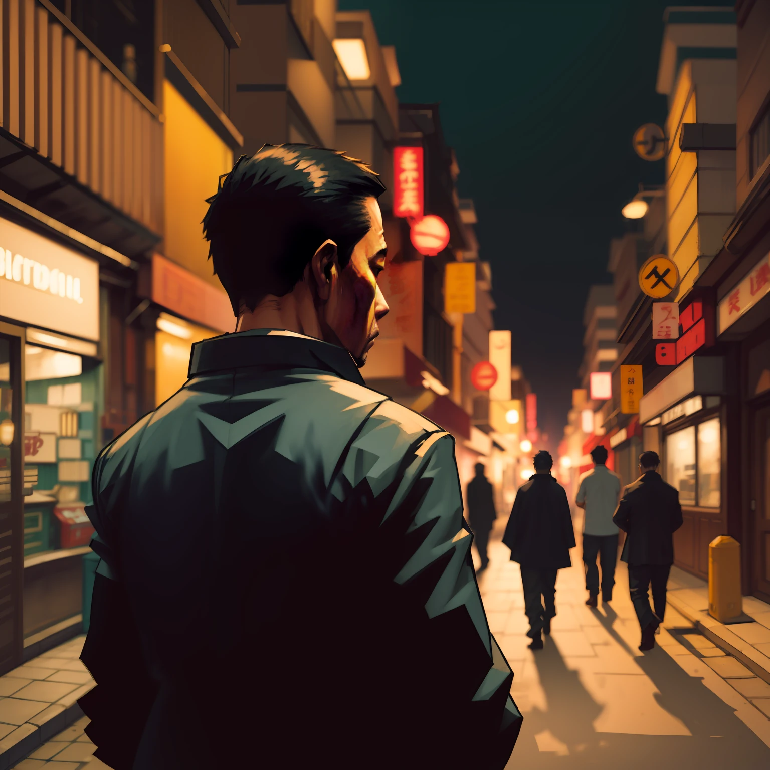 Chinese man, middle-aged, sad face, alone, lonely back, street at night, smoky and shadowy construction site, faint light, mysterious atmosphere.
