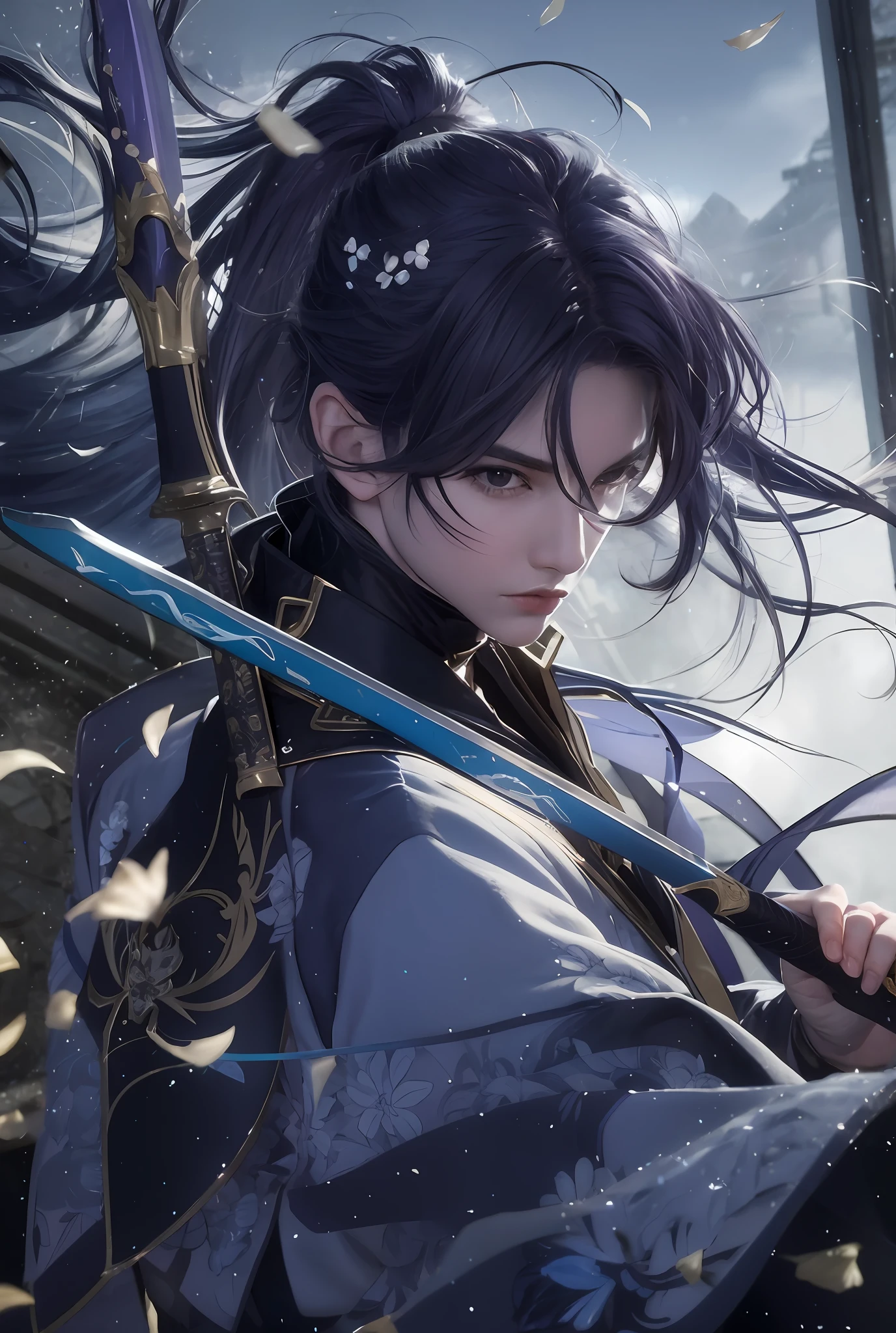 Blue-purple style, scabbard on back, back, messy hair, broken hair, long hair, warrior, warrior style, high-quality detail depiction, blurred background and soft light set off, middle side shooting, middle side perspective, pattern decorations and accessories, broken flowers and flying flowers, rich fog surrounding, light and shadow change extremely exquisite.