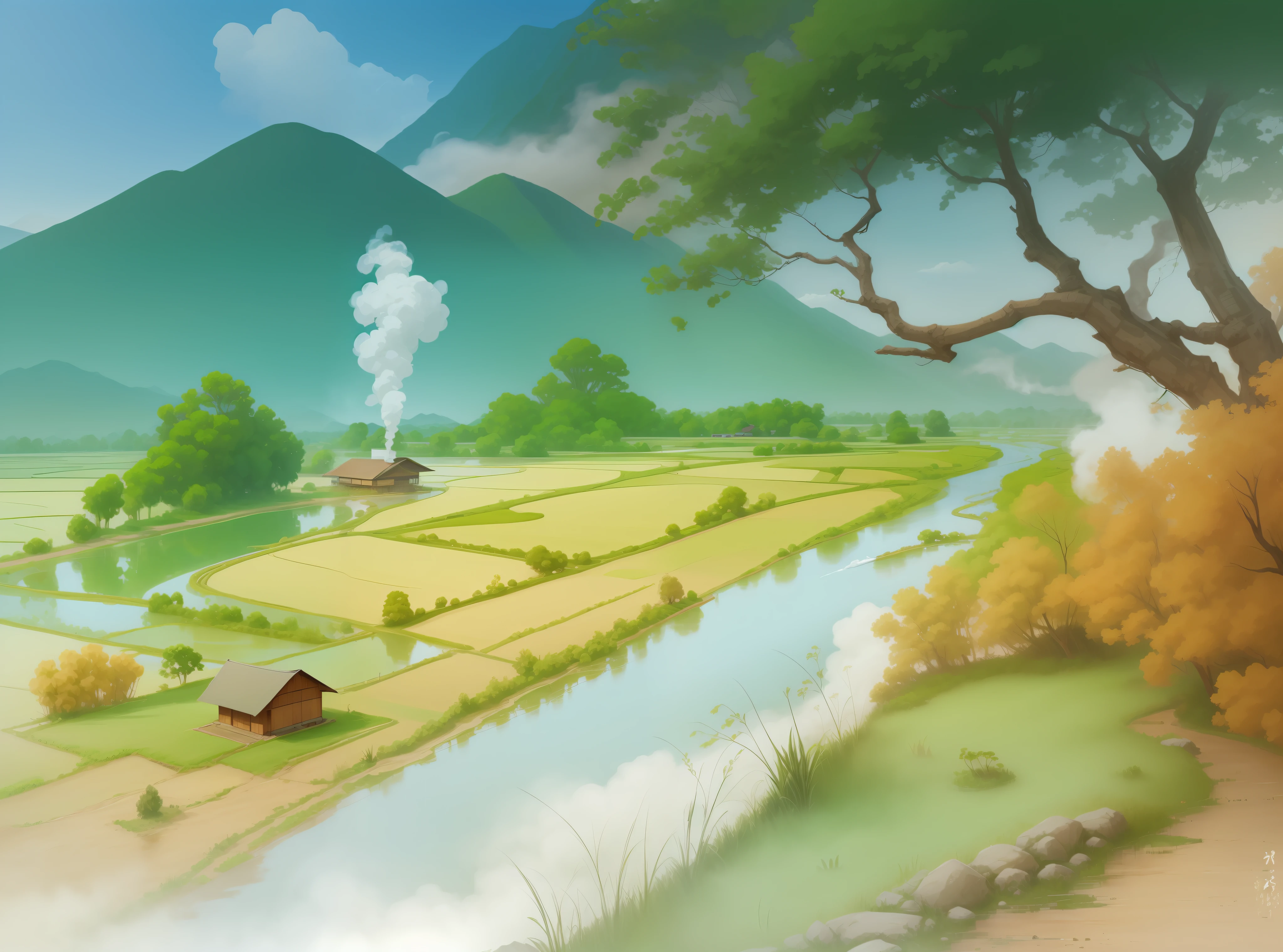 Rice fields, a house and smoke is up, perspective mountain background, River is rising through the fields, beautiful scenes, digital painting.