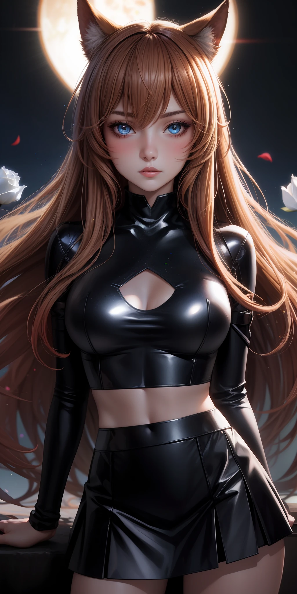 realistic, 1girl, Raphtalia ,anime The Resing of Them Shield Hero,holographic hair, heterochromic eyes, bright eyes, holo crop top, holo skirt, split lips, blush, night, white roses, pastels, glitter