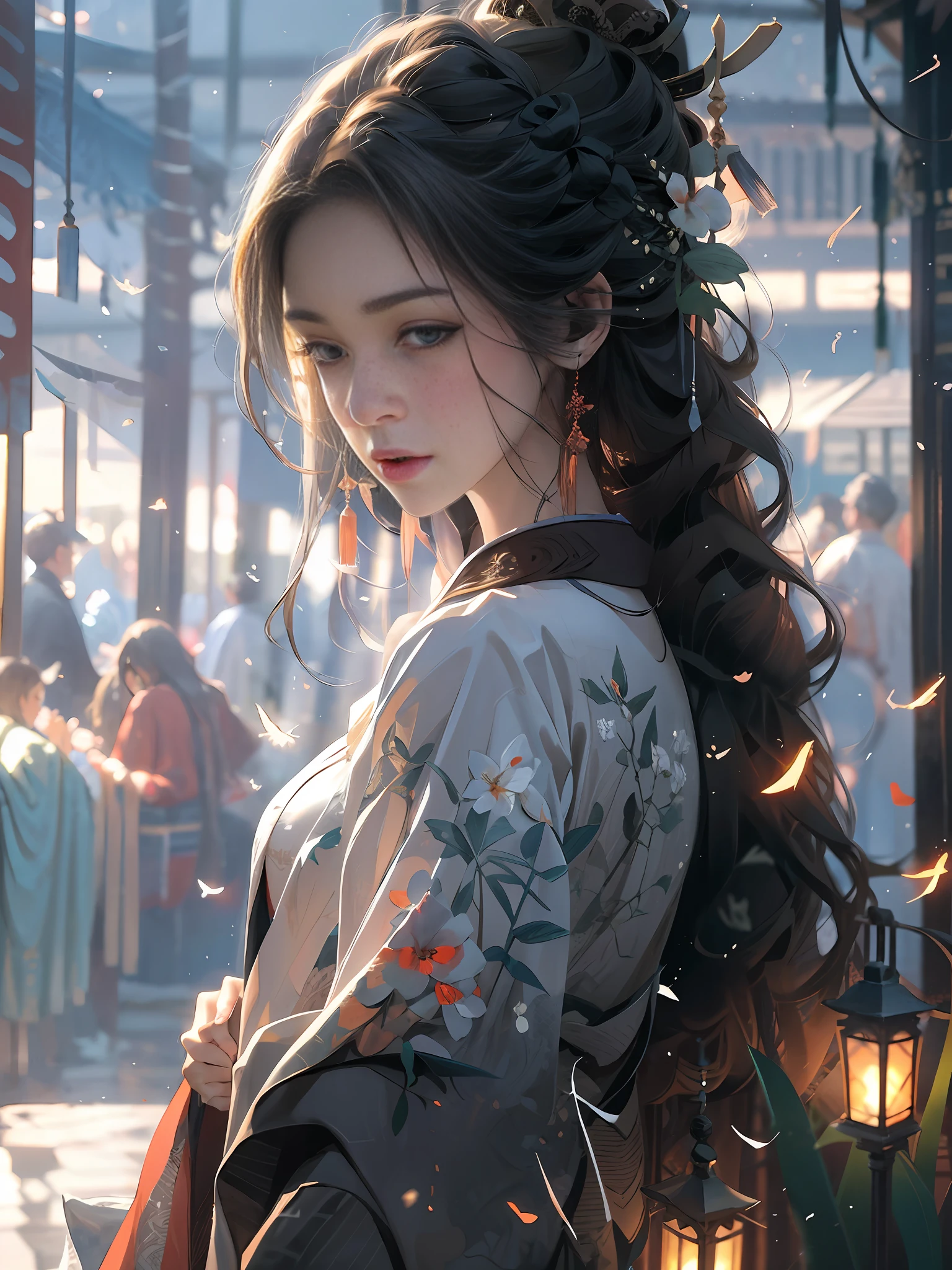 Bamboo forest, bamboo leaves falling, hazy, white hanfu, sexy, oil-paper umbrella, lantern, folding fan,