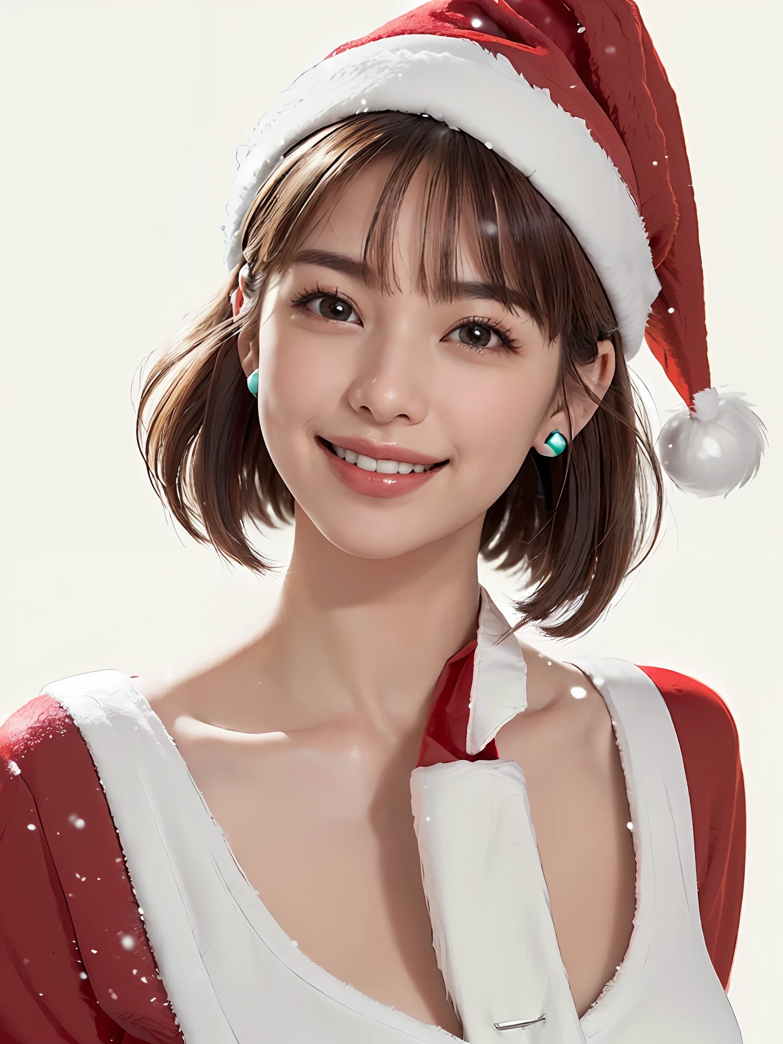 (8k quality), (best quality: 1.2), (realistic,), (photorealistic), ultra high definition, 1 girl, (((solo)), cute, smile, closed mouth, beautiful details, beautiful nose in detail, short hair, huge breasts darcepho, big eyes, long neck, ears, short hair, short hair, huge, ((Santa Claus costume, accurate Santa Claus hat, bangs, bangs, long neck, beautiful, cute, really snow-white background, smile a little, highlight in the eyes, light brown eyes, put out the ears)))