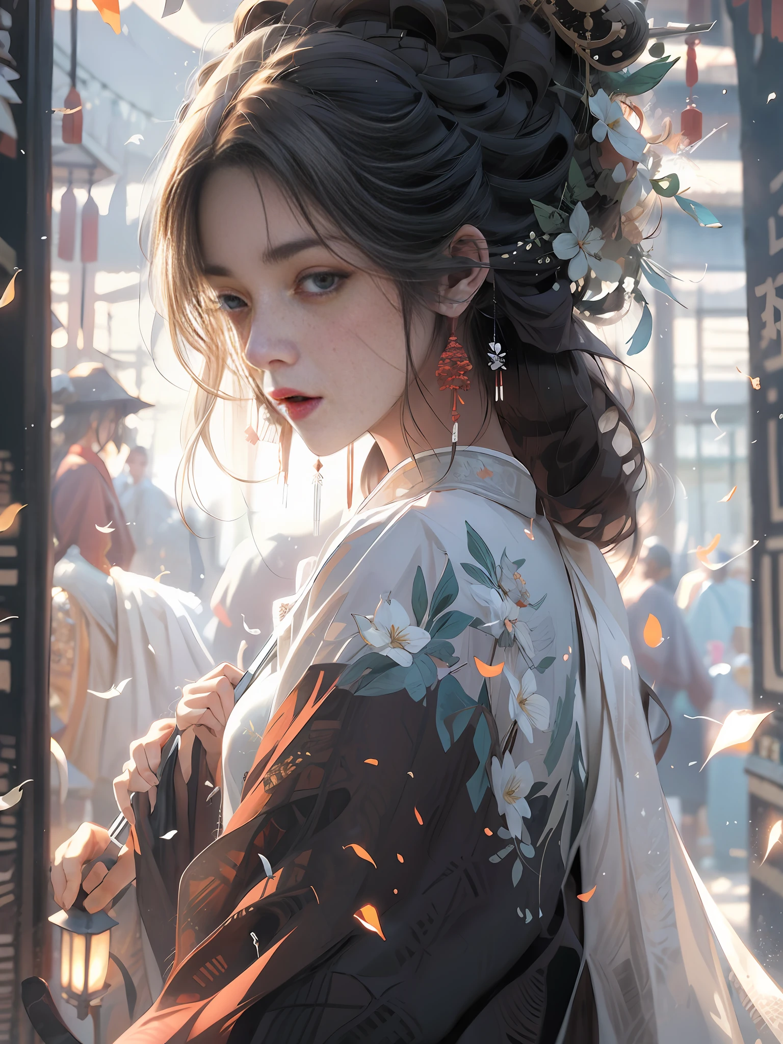 Bamboo forest, bamboo leaves falling, hazy, white hanfu, sexy, oil-paper umbrella, lantern, folding fan,