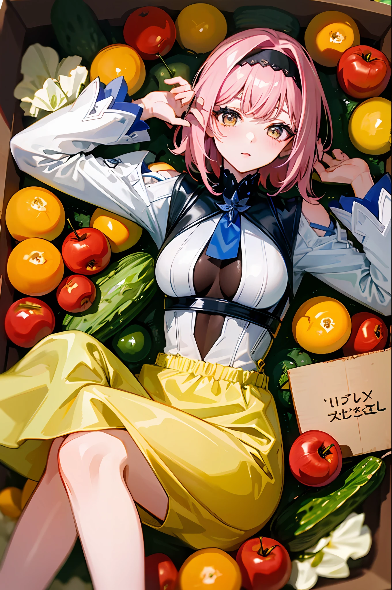 (Masterpiece, Top Quality, Best Quality, Official Art, Beautiful Beauty: 1.2), (8K, Best Quality, Masterpiece: 1.2), A Woman, Short Pink Hair, Headdress, Yellow Purple Dress, Black Tie, Delicate Facial Features, Lying in a Huge Box, Shy Expression, Box Full of Apples, Oranges, Pears, Cherries, Tomatoes, Cucumbers, Peppers, Cabbage, Onions