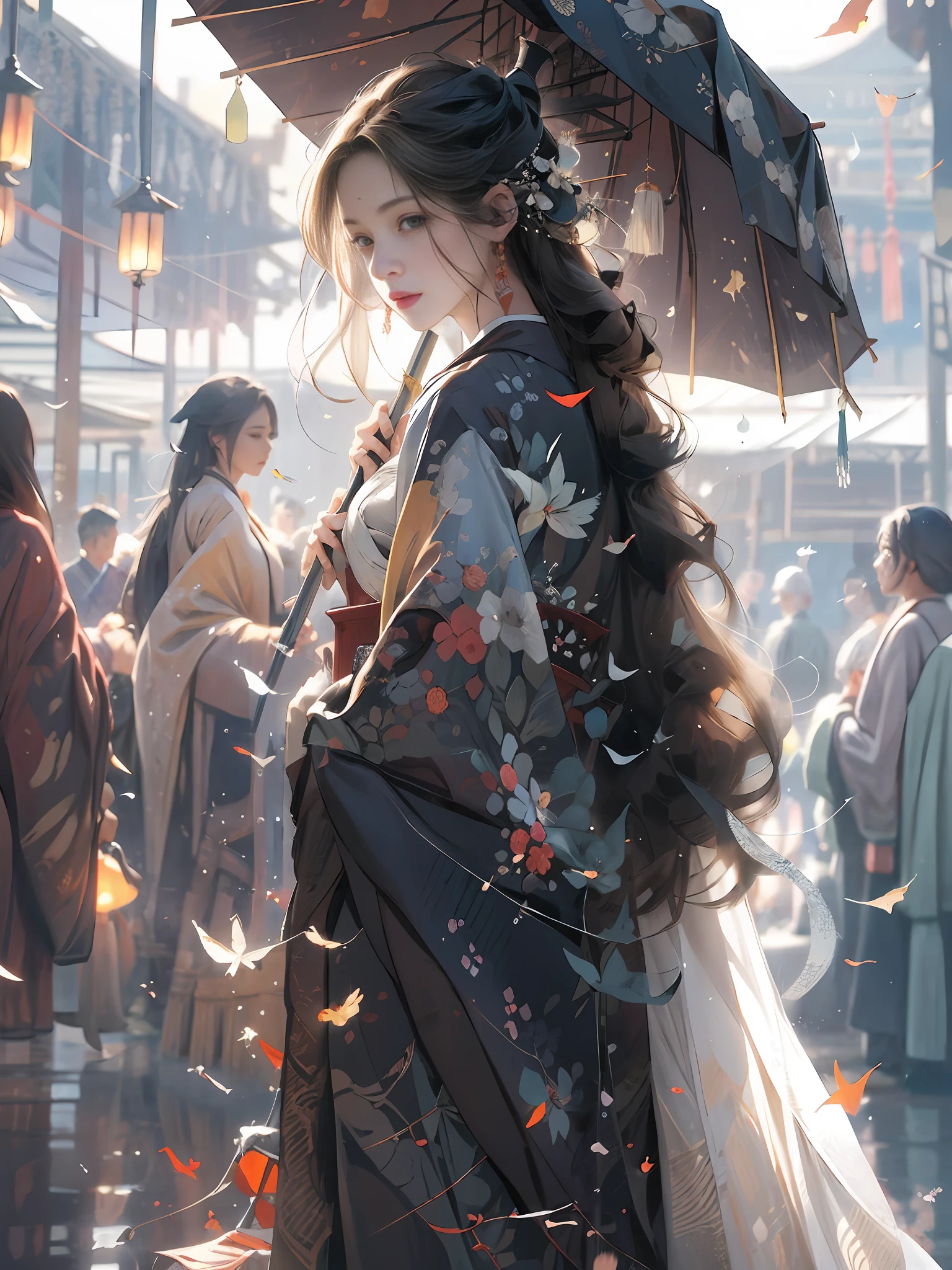 Bamboo forest, bamboo leaves falling, hazy, white hanfu, sexy, oil-paper umbrella, lantern, folding fan,