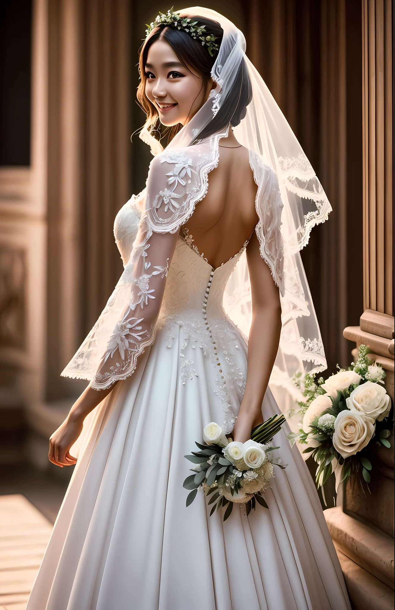 Masterpiece, highest quality, solo focus, complex
(High detail: 1.1) (Perfect face: 1.1) white wedding dress, pretty Japan woman, smiling, lace, veil, fantasy, white flowers on head, mysterious lake,
Viking origin, glowing eyes, full body, back figure, turn around, Lee Jeff
Leeds Nikon D850 Film Stock Photo 4 |
Kodak Portra 400 Camera F1.6 Lens
Rich colors Ultra realistic
Realistic textures Dramatic lighting
Unreal Engine
Trending at Art Station CineStill
800 --auto
