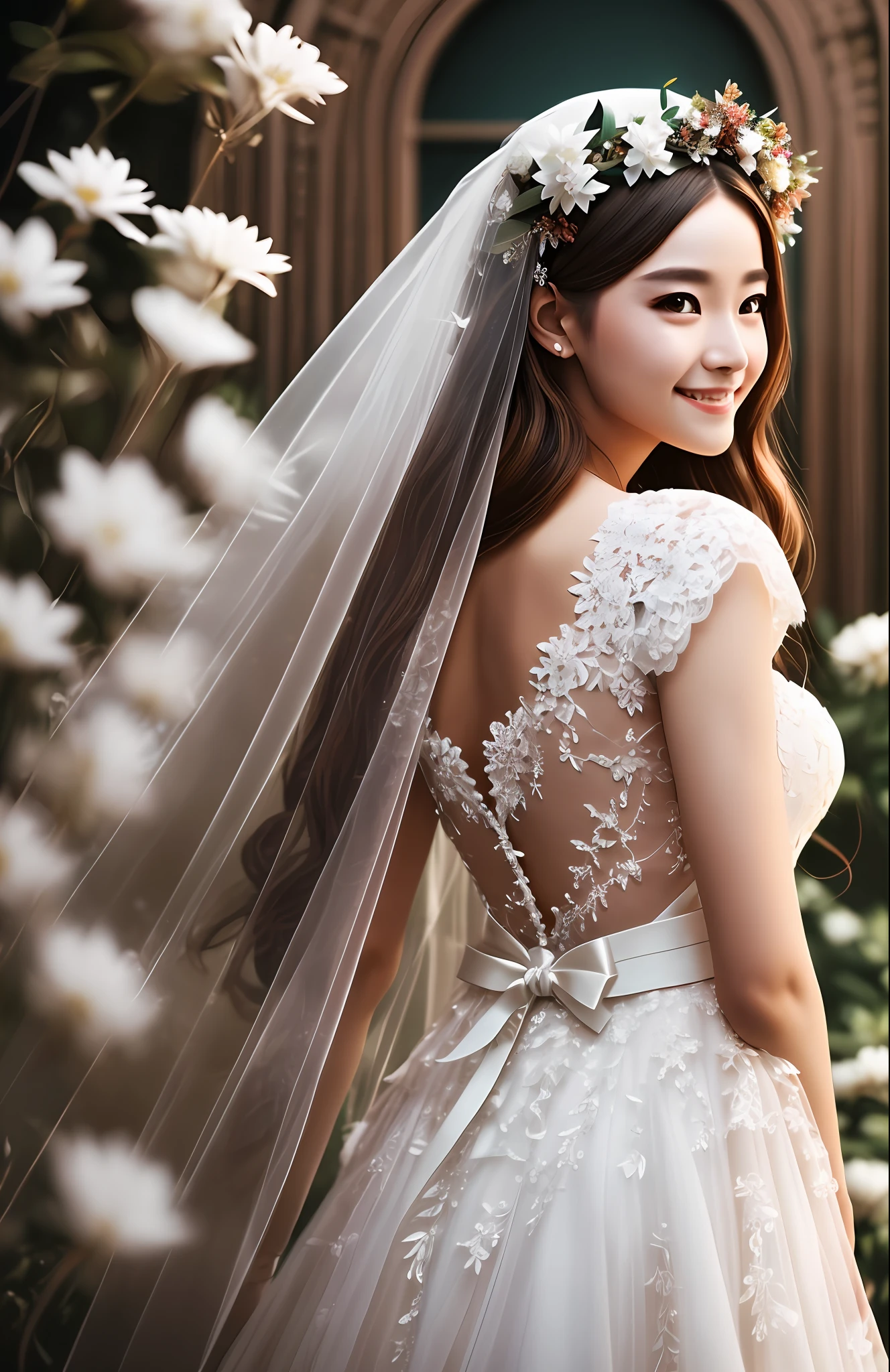 Masterpiece, highest quality, solo focus, complex
(High detail: 1.1) (Perfect face: 1.1) white wedding dress, pretty Japan woman, smiling, lace, veil, fantasy, white flowers on head, mysterious lake,
Viking origin, glowing eyes, full body, back figure, turn around, Lee Jeff
Leeds Nikon D850 Film Stock Photo 4 |
Kodak Portra 400 Camera F1.6 Lens
Rich colors Ultra realistic
Realistic textures Dramatic lighting
Unreal Engine
Trending at Art Station CineStill
800 --auto