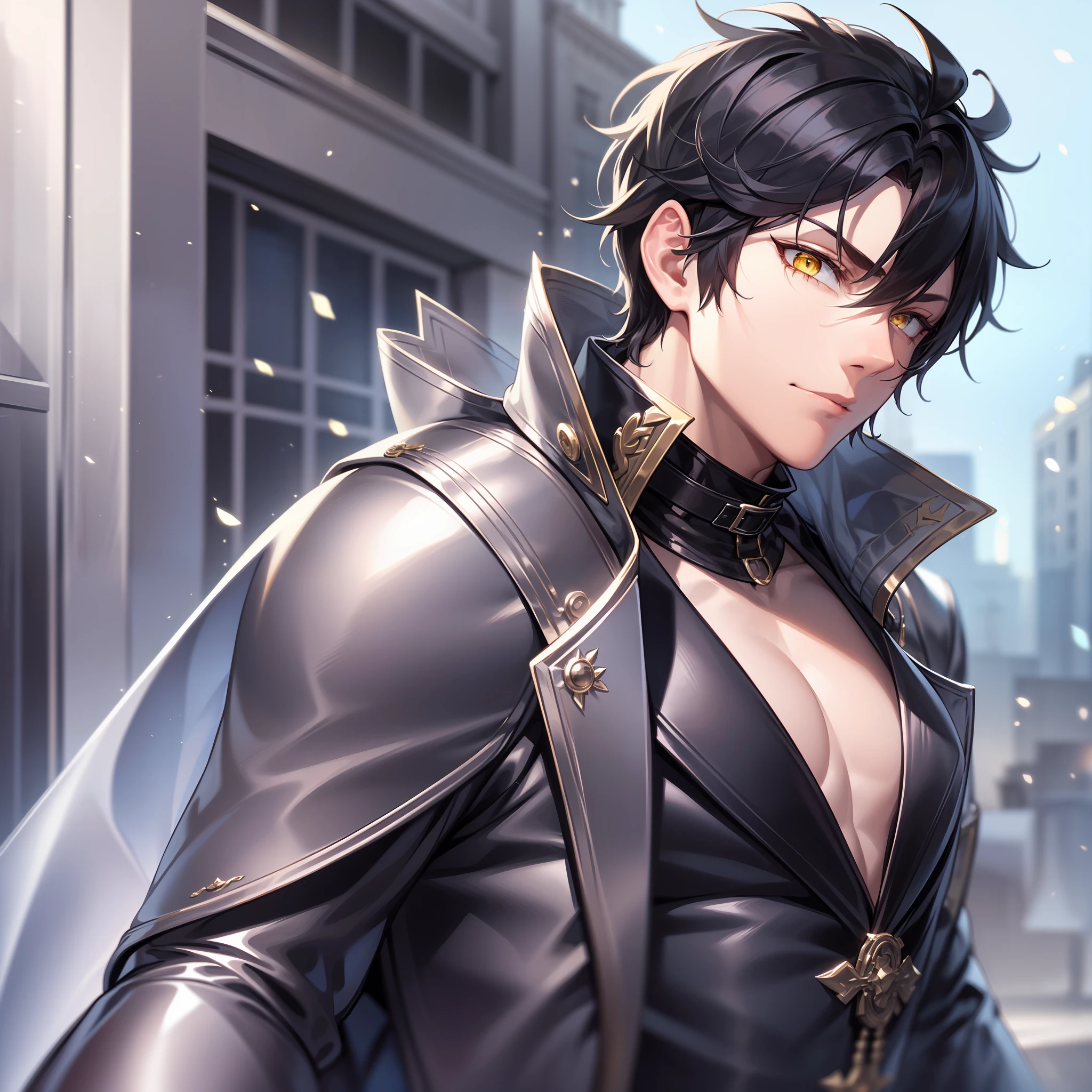 (ridiculous, tall, super detailed), 1 male, broad shoulders, fine and detailed eyes, detailed background, detailed face, gloves, black leather coat, cape, belt, belt, closed mouth, dark blue hair, yellow eyes, (cat eyes), apathy