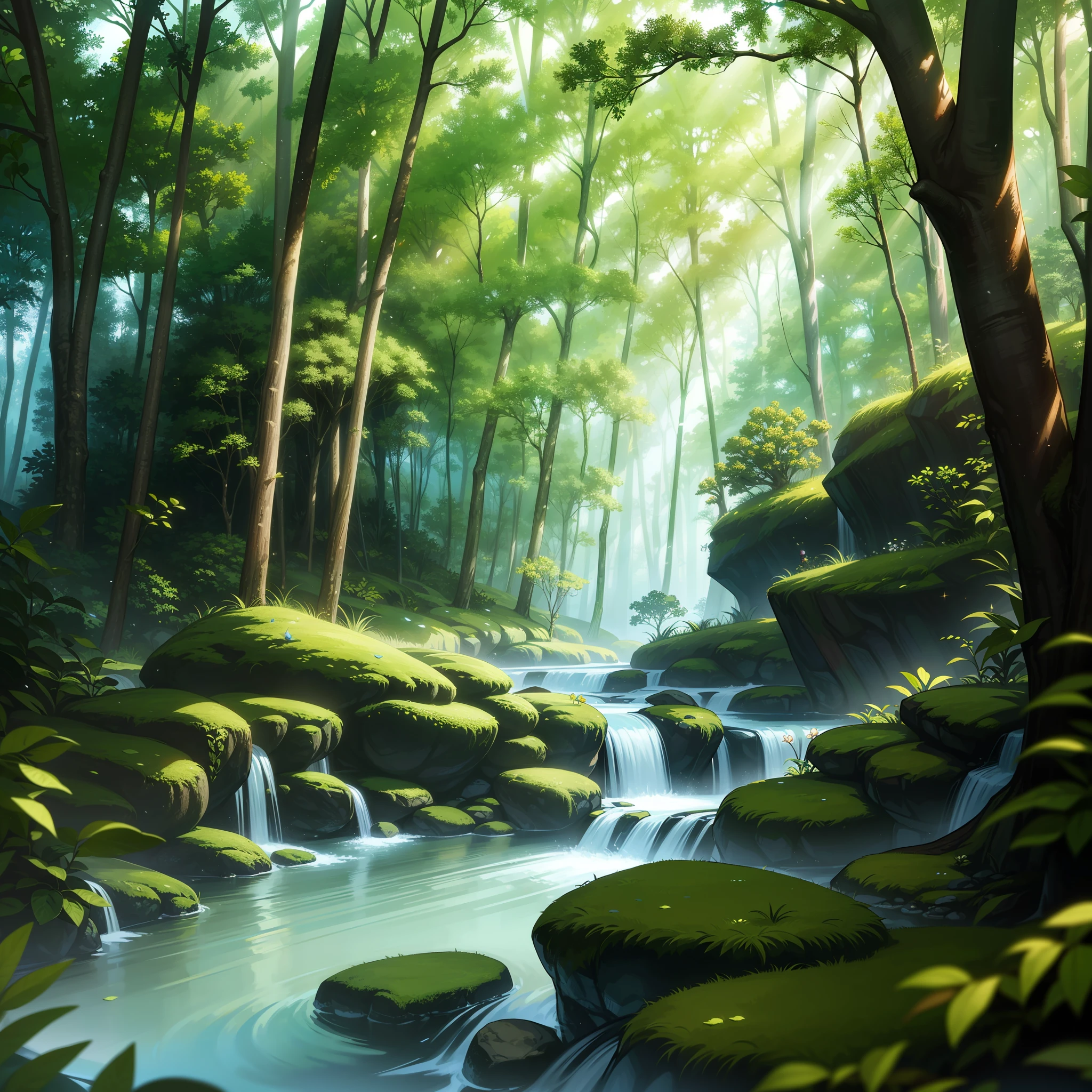 there is a stream running through a forest with moss covered rocks, magical forest backround, lush fairy forest, magical environment, magical fantasy forest, fantasy forest, enchanted magical fantasy forest, enchanted and magic forest, magical forest, fairy forest, beautiful forest scenery, magic fairy forest, nature wallpaper, mystical forest, magical forest background, river in a forest, mystical forest lagoon --auto