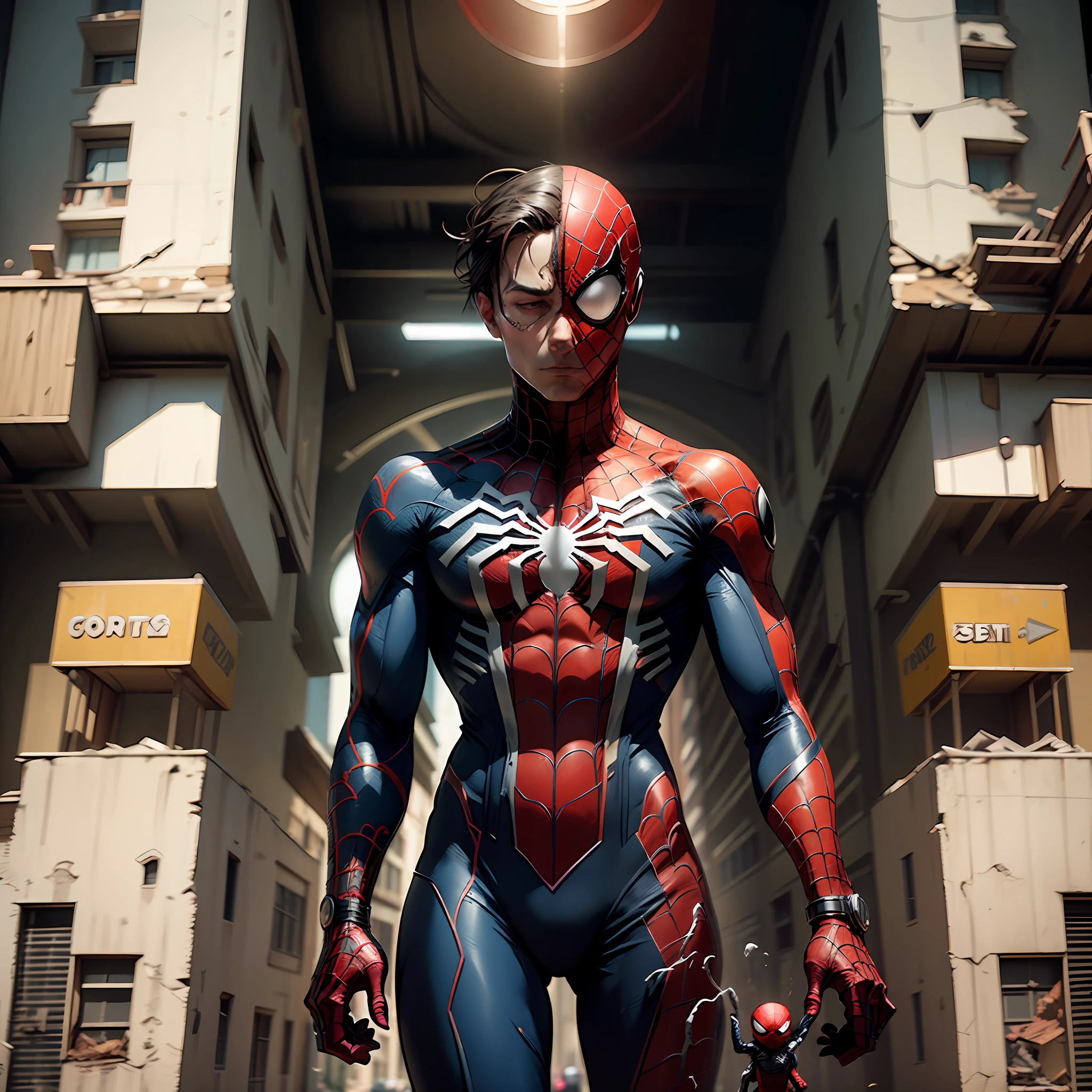 Spider-Man 2099 coking behind another spider-man in red black costume in a city with buildings half destroyed and on fire --auto
