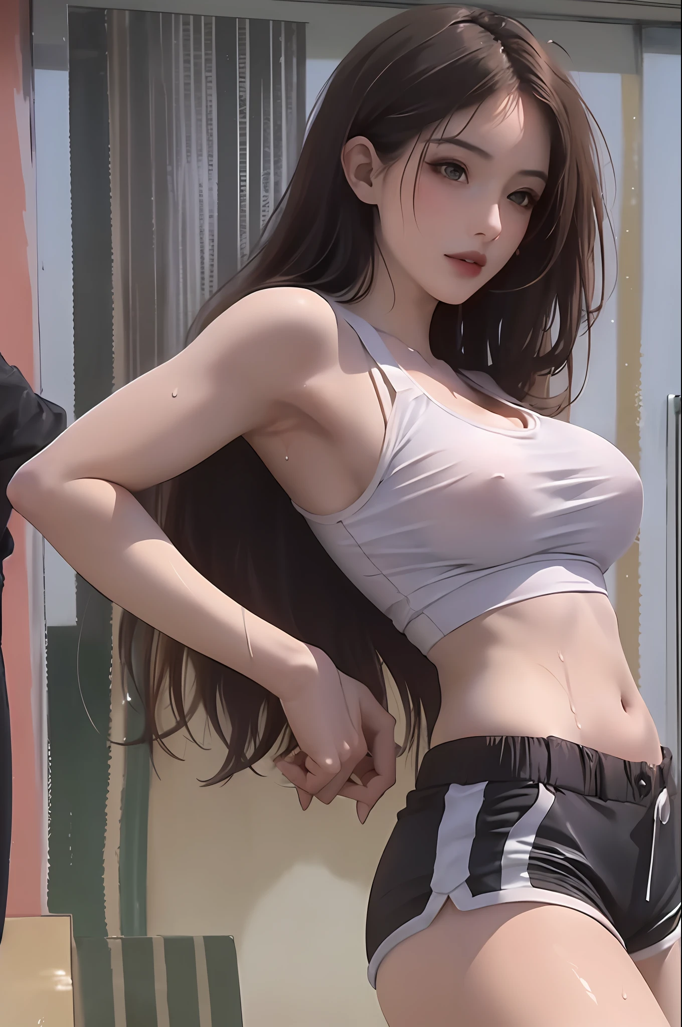 (Masterpiece: 1.2, Best Quality), Realism, (Real Pictures, Intricate Details, Depth of Field), (1girl, Solo), Makeup, Lips Apart, High Detail, (((Perfect Face))), (Huge Tits: 1.4), (Skindentation), ((Slender Legs)), Wide Buttocks, Thin Waist, Tall, Coral Lips, Long Hair, Dark Eyes, ((Beauty in Racing Suit, Short Tank Top, Slender Waist, Shorts, Slender Beautiful Legs, Stockings, Enchanting Figure)), (Sweating:1.2), (wet), sexy, blush,