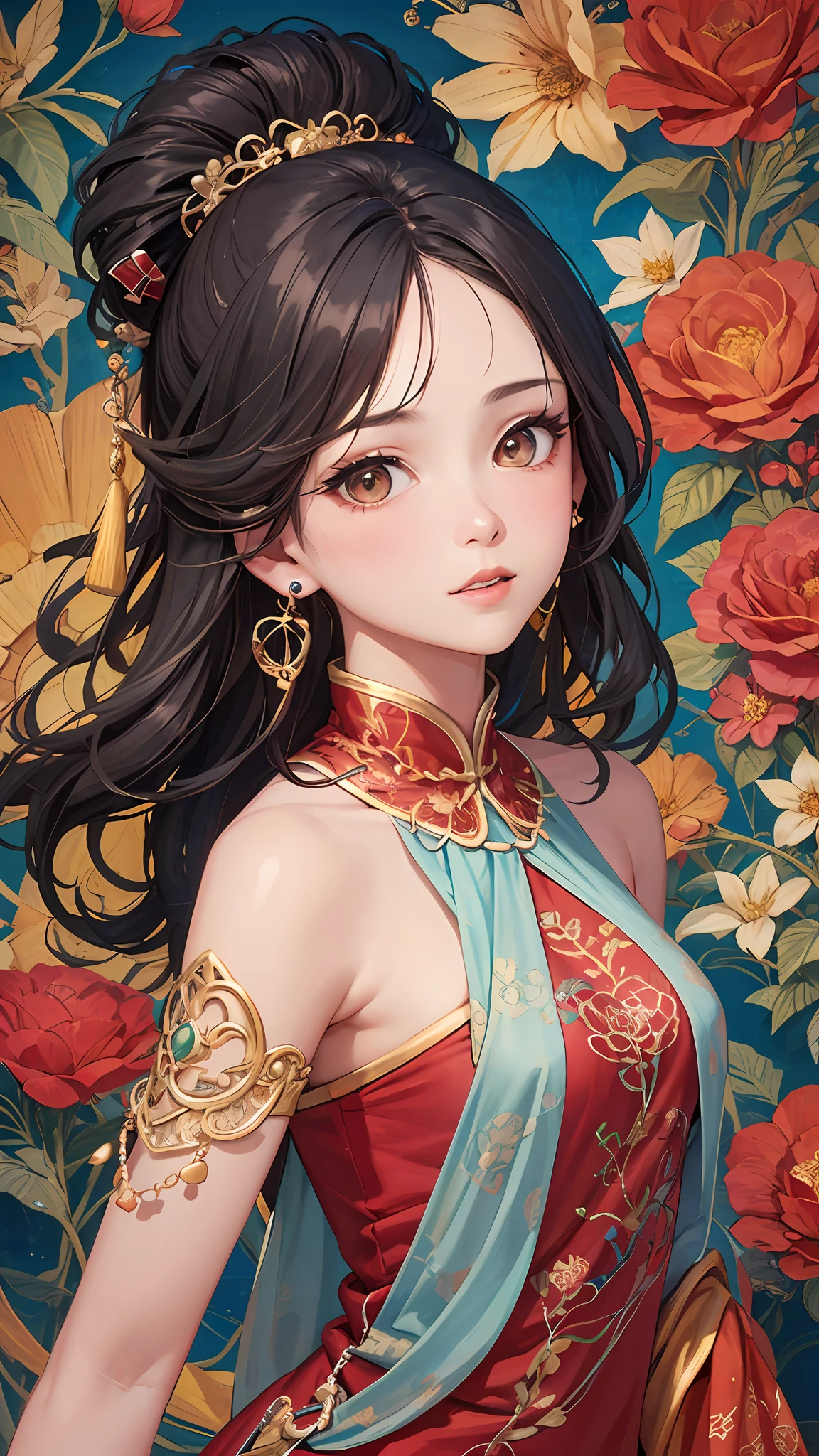 (Masterpiece, Top Quality, Best Quality, Official Art, Beauty and Aesthetics: 1.2), (1girl: 1.3), Very Detailed, (Fractal Art: 1.1), (Color: 1.1), (Flowers: 1.3), Most Detailed, (Zentangle: 1.2), (Dynamic Pose), (Abstract Background: 1.3), (Chinese Dress: 1.2), (Shiny Skin), (many colors:1.4), ,(earrings:1.4),