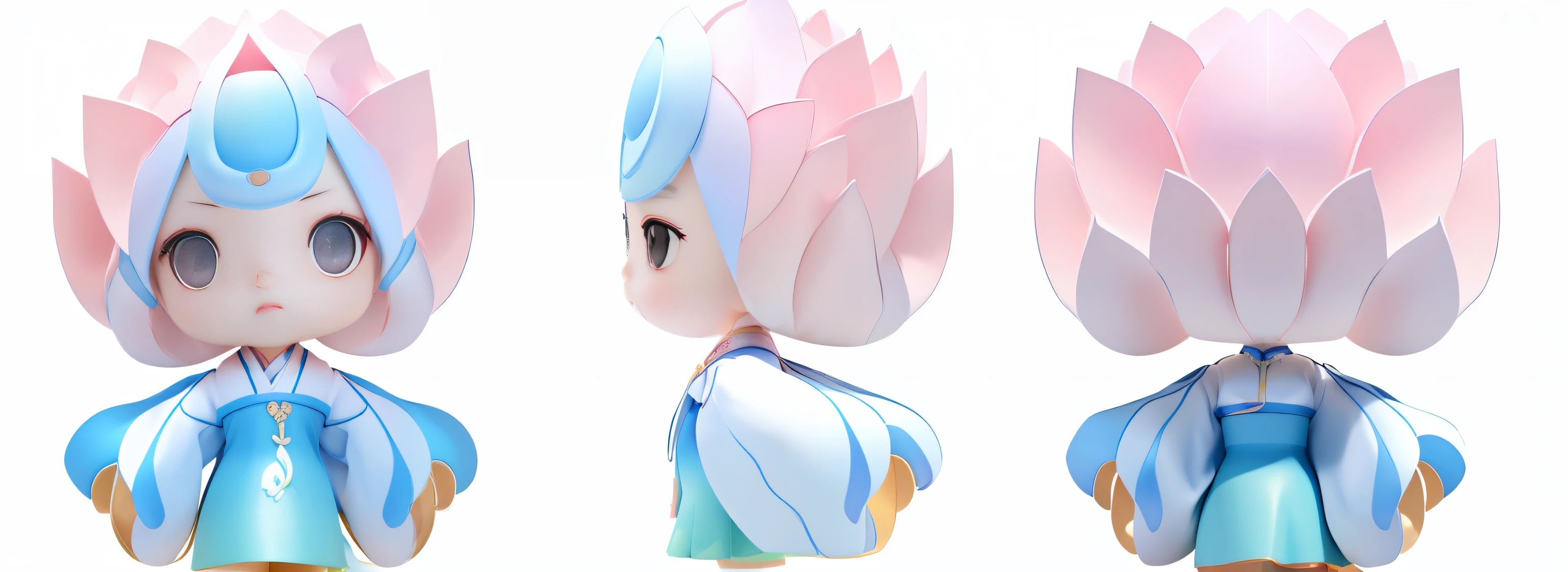 Girl wearing pink and white gradient lotus hat, wearing Chinese costume, blue and white gradient sleeves, green skirt, hands on front of skirt and fists, Asian skin, black eyes. (3D rendering, full body multi-view, simple background, white background: 1.3)