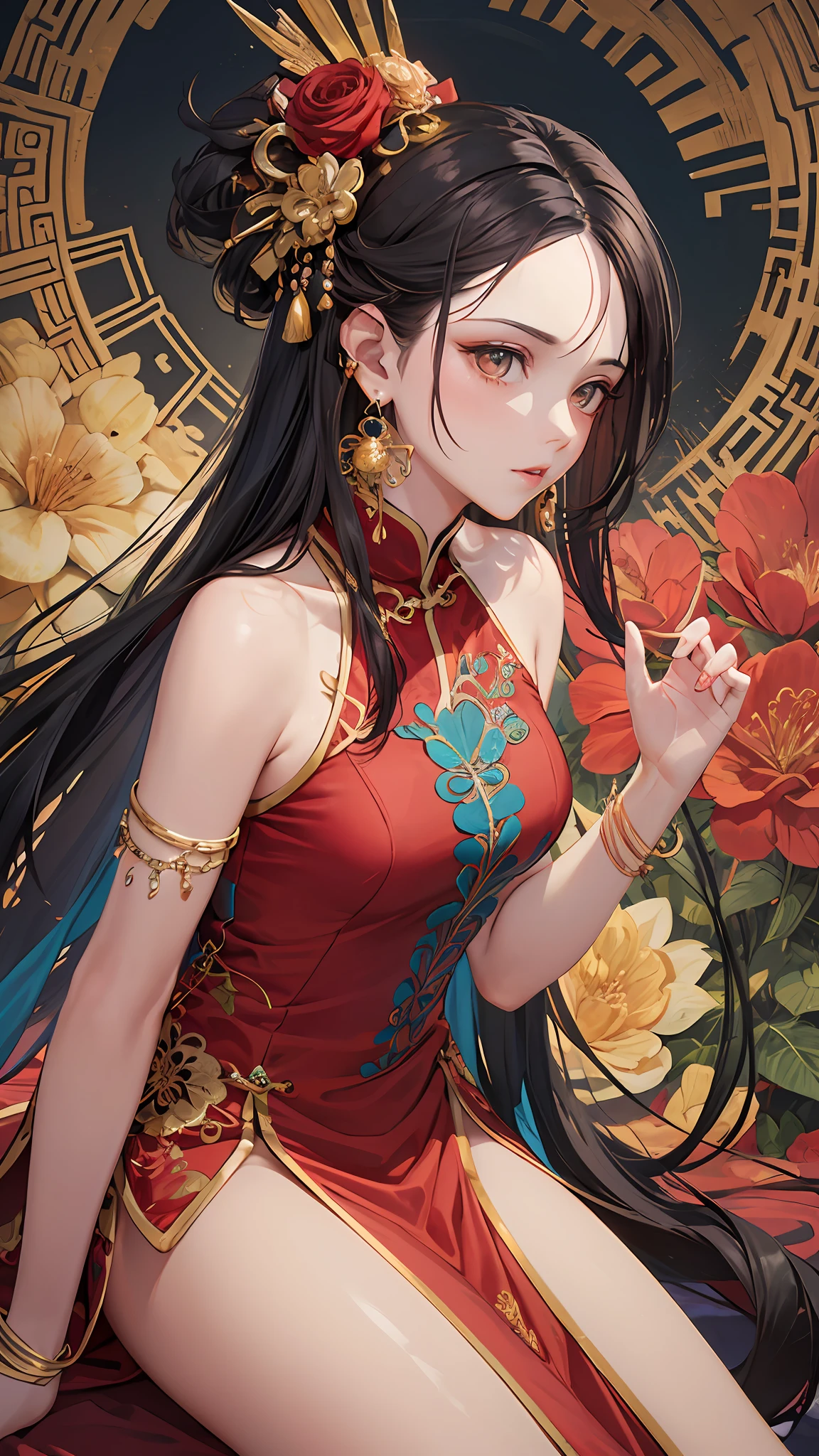 (Masterpiece, Top Quality, Best Quality, Official Art, Beauty and Aesthetics: 1.2), (1girl: 1.3), Very Detailed, (Fractal Art: 1.1), (Color: 1.1), (Flowers: 1.3), Most Detailed, (Zentangle: 1.2), (Dynamic Pose), (Abstract Background: 1.3), (Chinese Dress: 1.2), (Shiny Skin), (many colors:1.4), ,(earrings:1.4),