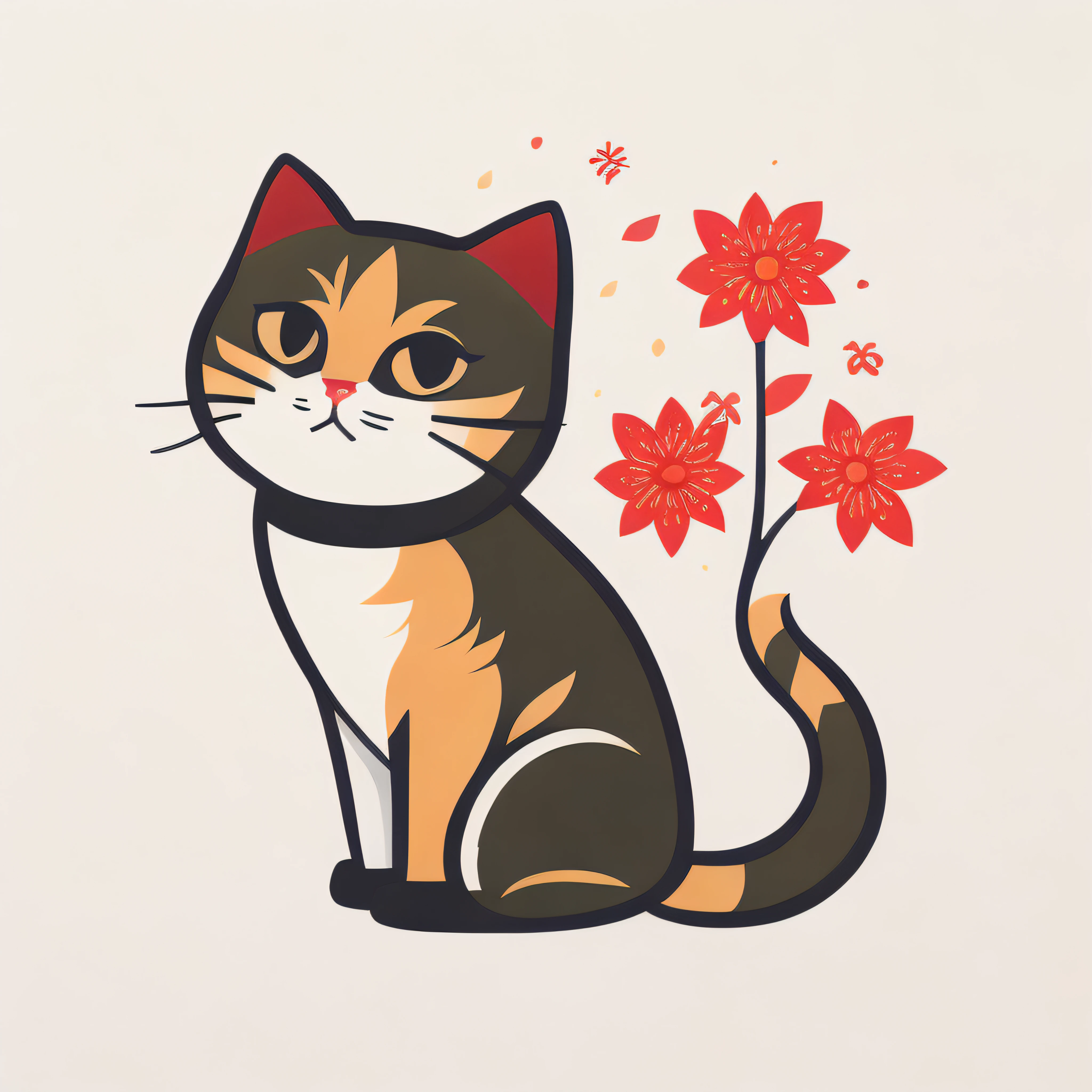 An adorable cat with a single logo design, inspired by traditional Japanese art, evoking a whimsical and playful mood, bathed in soft, diffused lighting. And then, a quotation marks t-shirt design graphic, Vector, contour, white background.