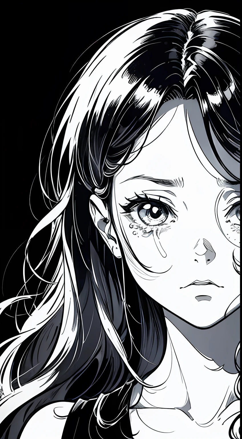 A woman with long black hair, black skirt, black background, sadness, tears, depression, expressionless, bust shot, upper body close-up, rough expressive lines, expressive lines, dark lines, dense lines, intense line work, masterpiece, best quality, super fine, extremely delicate and beautiful, horror manga, black and white manga, black and white line drawing, inspired by Junji Ito, art style of Junji Ito, hand-drawn, character focus, extremely fine,