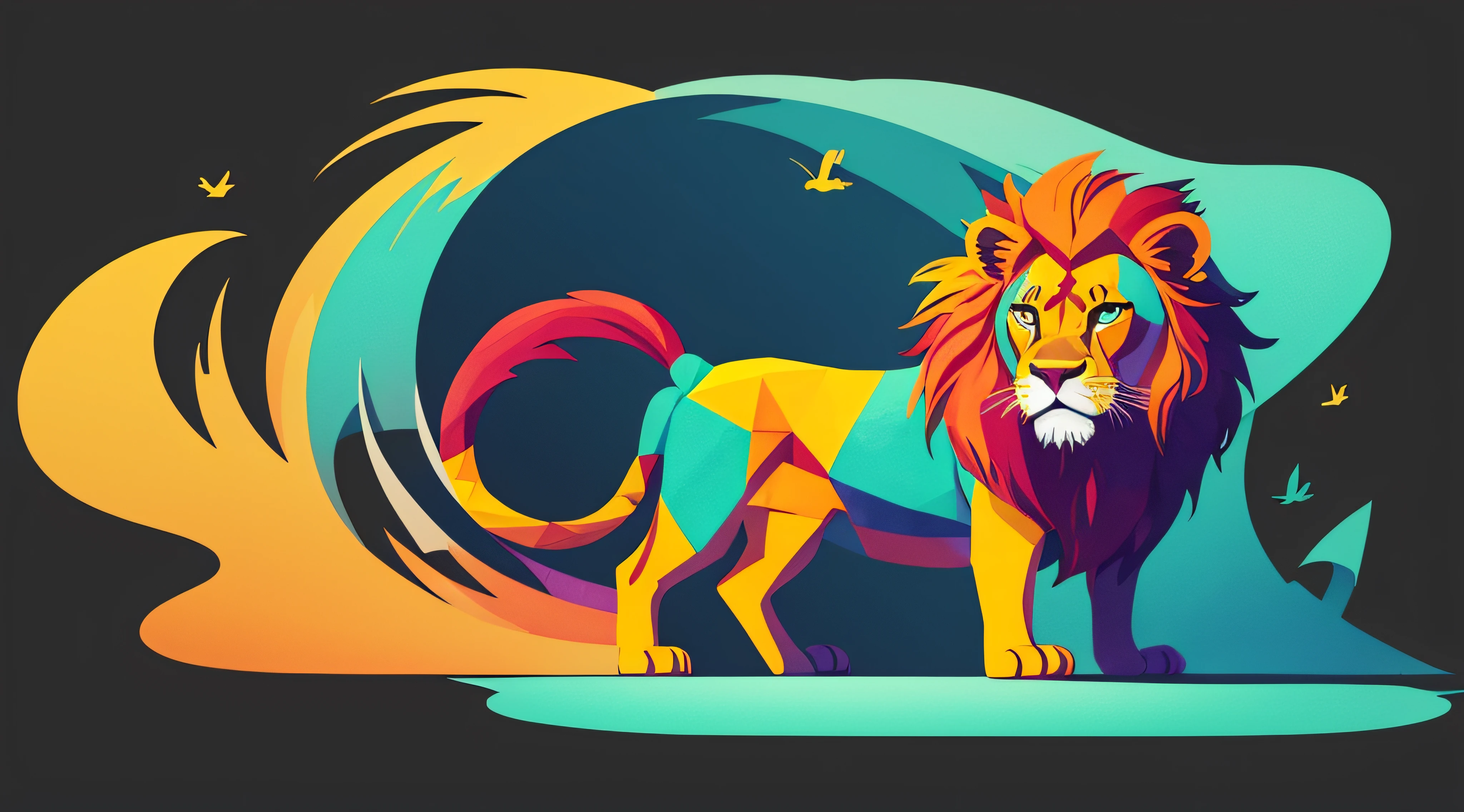 a silhouette design  of a lion, sunset design, t- shirt art, 3D vector art, cute and quirky, bright bold colorful.,  black background, watercolor effect, , digital painting, low-poly, soft lighting, bird's-eye view, isometric style, retro aesthetic, focused on the character, 4K resolution, photorealistic rendering, using Cinema 4D,front side --auto