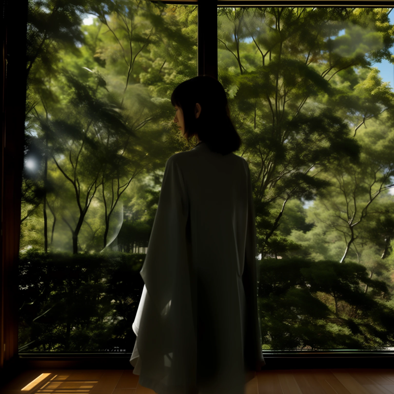 In a traditional and beautiful room, in early summer, there is a young beautiful Japan woman standing beautifully, staring at the green trees outside the window, she is wearing thin summer clothes, she has her back turned and her face is not visible from here, top quality, realistic, photorealistic, best quality, masterpiece, very delicate and beautiful, very detailed, fine detail, ultra detailed, high resolution, very detailed, realistic, Ultra High Definition, Best Quality, Ultra High Definition, High Quality Textures