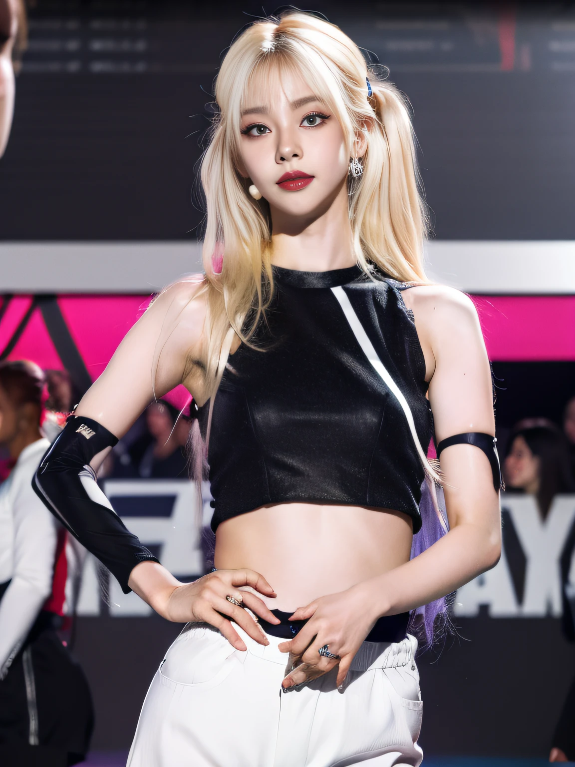 (8K, 4K, Best Quality, Highres, Ultra High Res:1.1), (Masterpiece, Realistic, Photo-Realistic:1.1), 1girl, Face, Close-Up, Twintails, Blonde Hair, Black Eyes, Red Lips, (Looking in Audience: 2), Wearing a trendy football uniform, bare waist, football shorts, ridiculously long hair, long eyelashes, eye shadow, small face, big eyes, bare shoulders, high contrast,