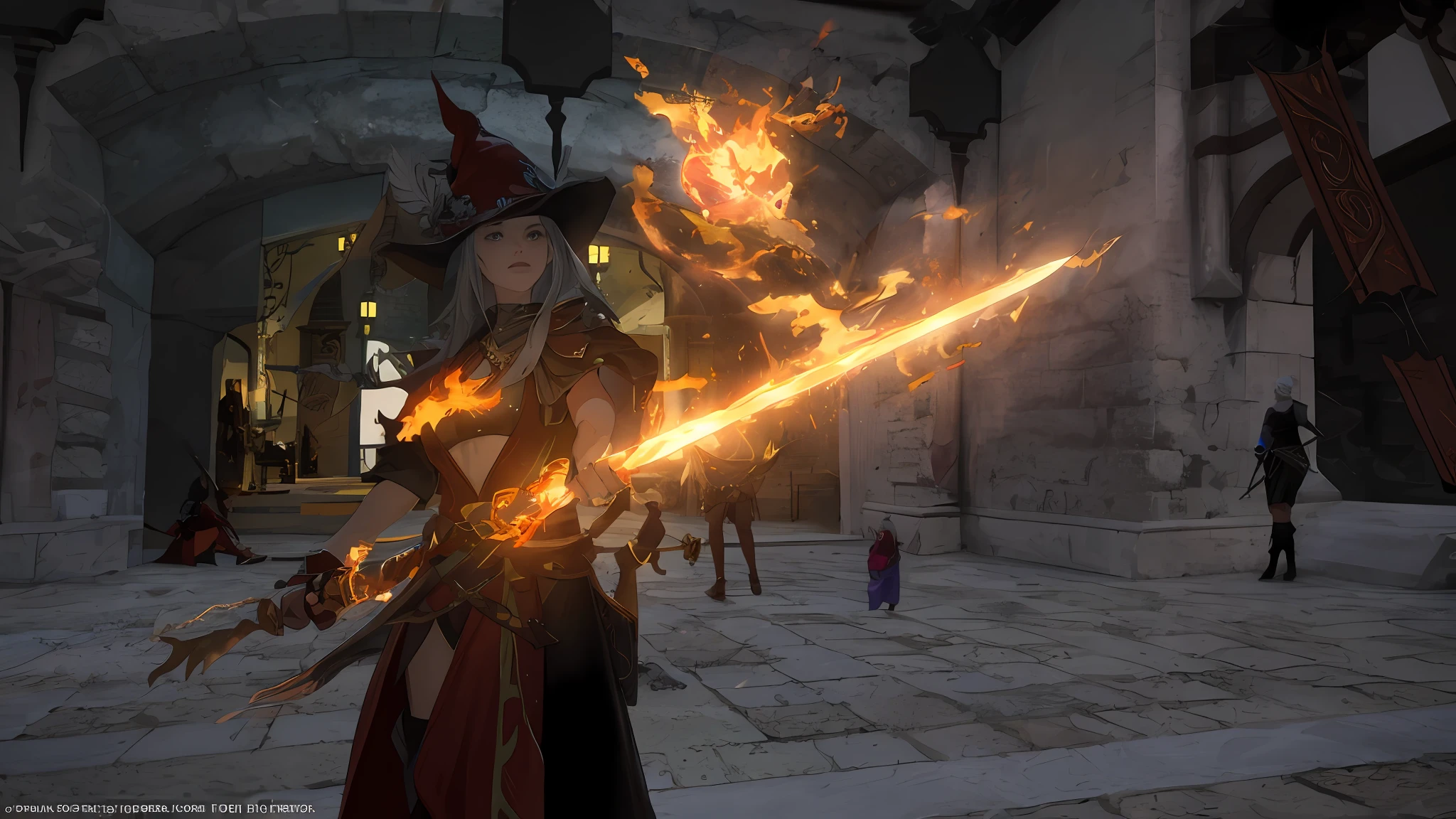 there is a woman holding a fire wand in a courtyard, wielding a flaming sword, wielding a magic staff, wielding a fireball, the sorceress casting a fireball, fire mage, wielding a magical sword, a sorcerer casting a fireball, flame conjuring armored, wielding a keris sword, final fantasy 1 4 screenshot, casting fire spell, wielding fire