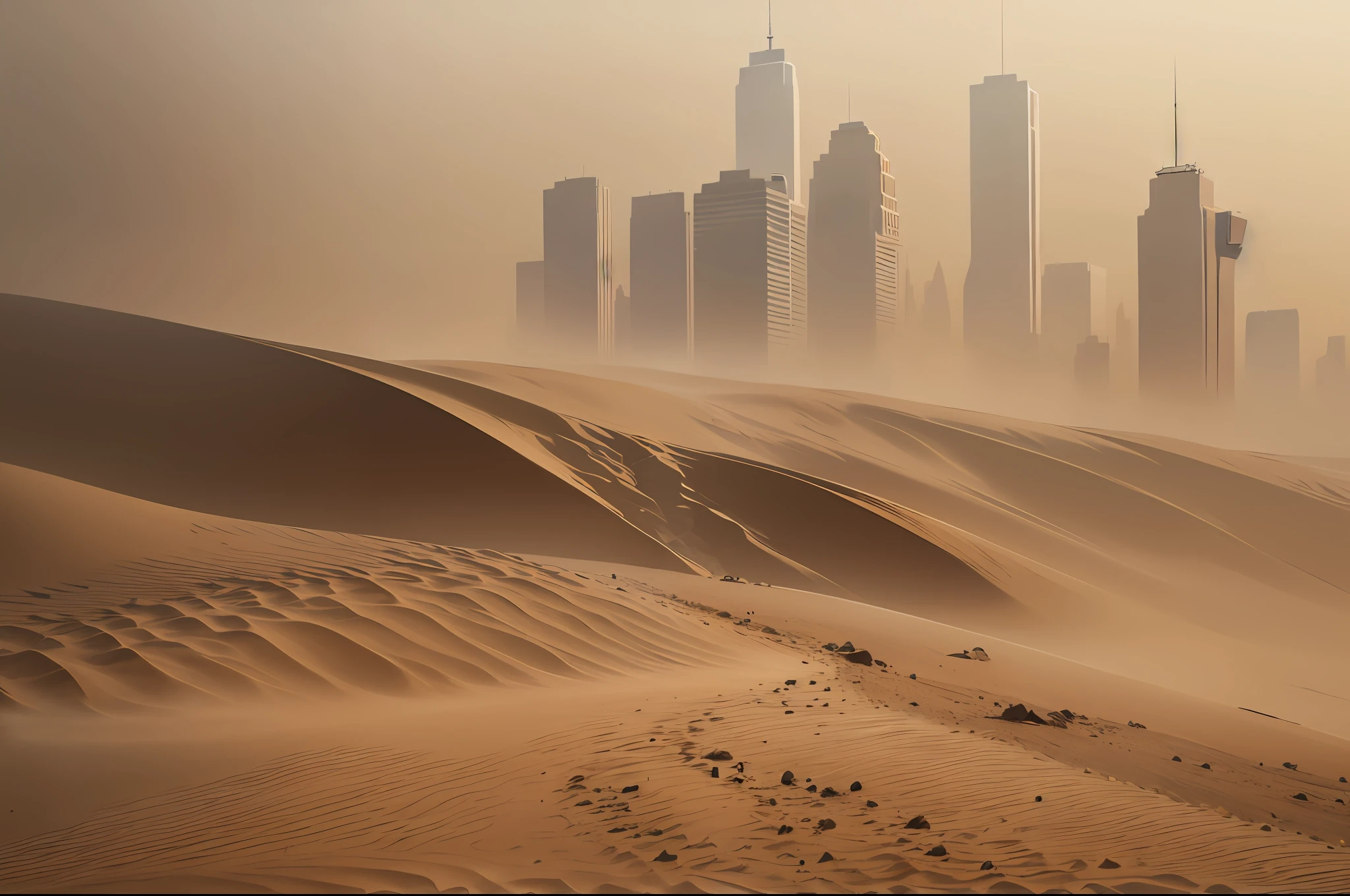 New York covered in a thick blanket of sand, sandstorm is raging