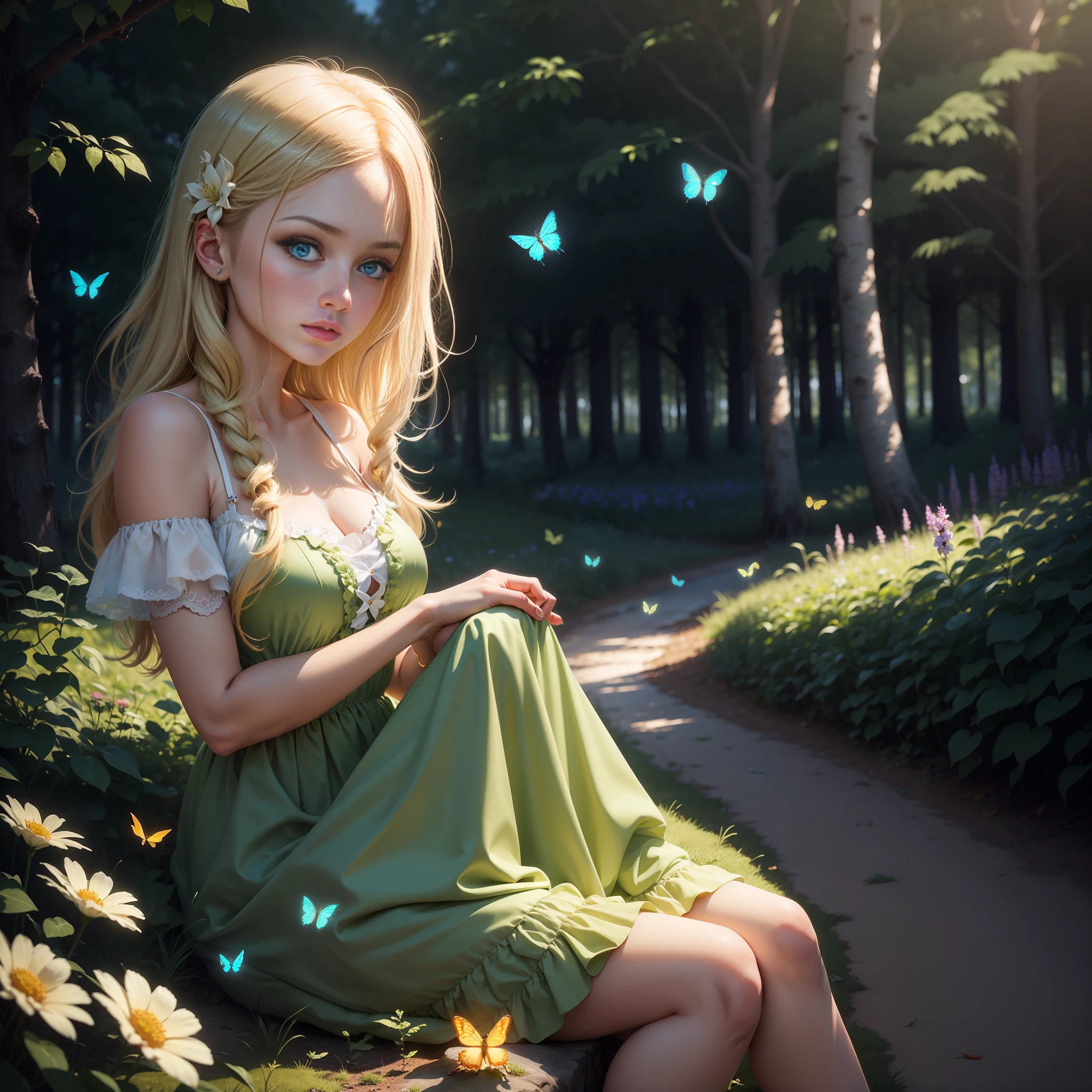 beautiful girl, blue eyes, blonde, forest, rabbit, shining light, sitting in grass, butterflies flying, flower garden, green dress, night