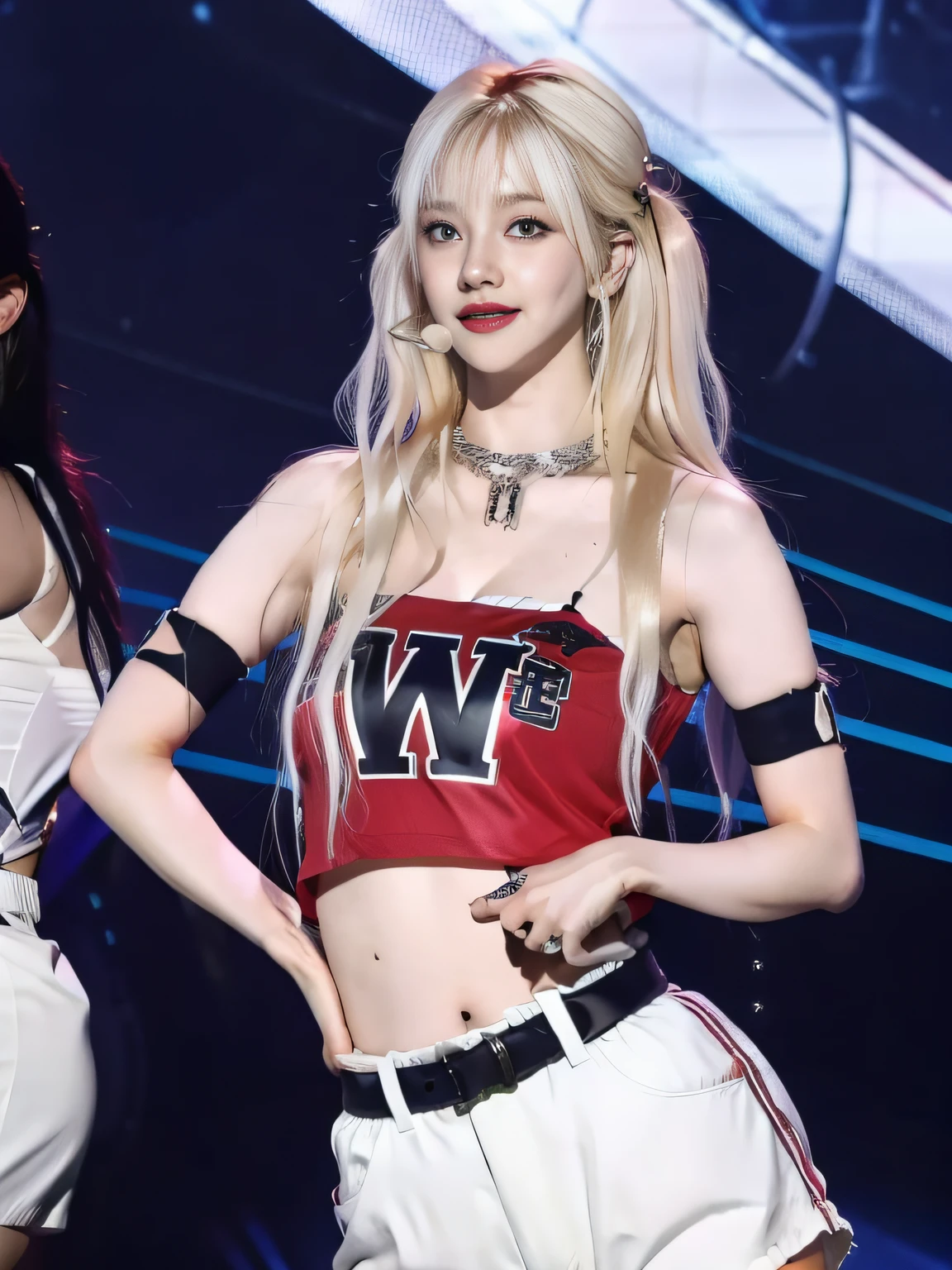 (8K, 4K, Best Quality, Highres, Ultra High Res:1.1), (Masterpiece, Realistic, Photo-Realistic:1.1), 1girl, Face, Close-Up, Twintails, Blonde Hair, Black Eyes, Red Lips, (Looking in Audience: 2), Wearing a trendy football uniform, bare waist, football shorts, ridiculously long hair, long eyelashes, eye shadow, small face, big eyes, bare shoulders, high contrast,