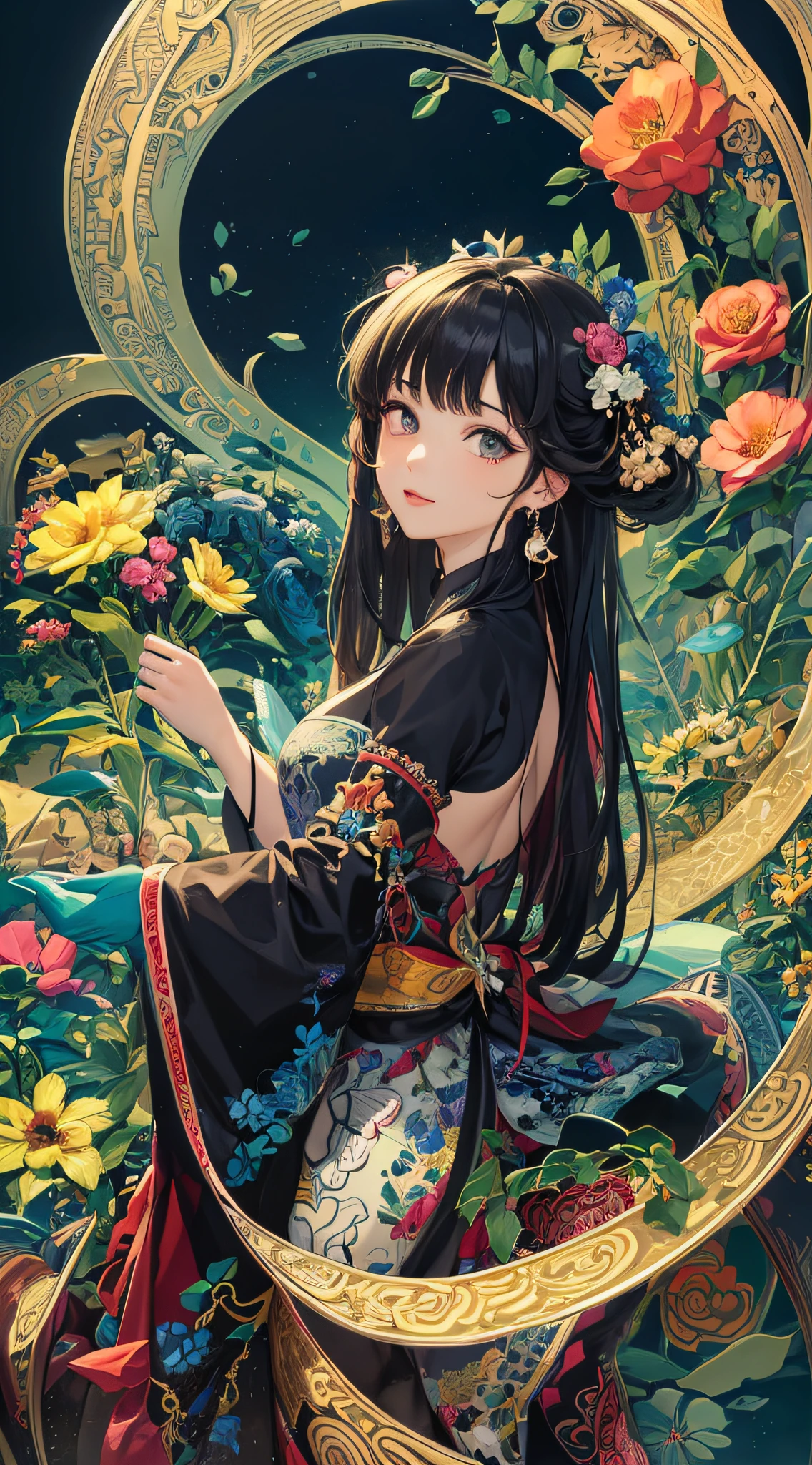 (Masterpiece, Top Quality, Best Quality, Official Art, Beauty and Aesthetics: 1.2), (1girl: 1.3), Very Detailed, (Fractal Art: 1.1), (Color: 1.1) (Flowers: 1.3), Most Detailed, (Zentangle: 1.2), (Dynamic Pose), (Abstract background: 1.3), (Chinese Traditional cloth: 1.2), ( Shiny skin), (many colors: 1.4), (earrings: 1.4), with a sea of flowers in the background