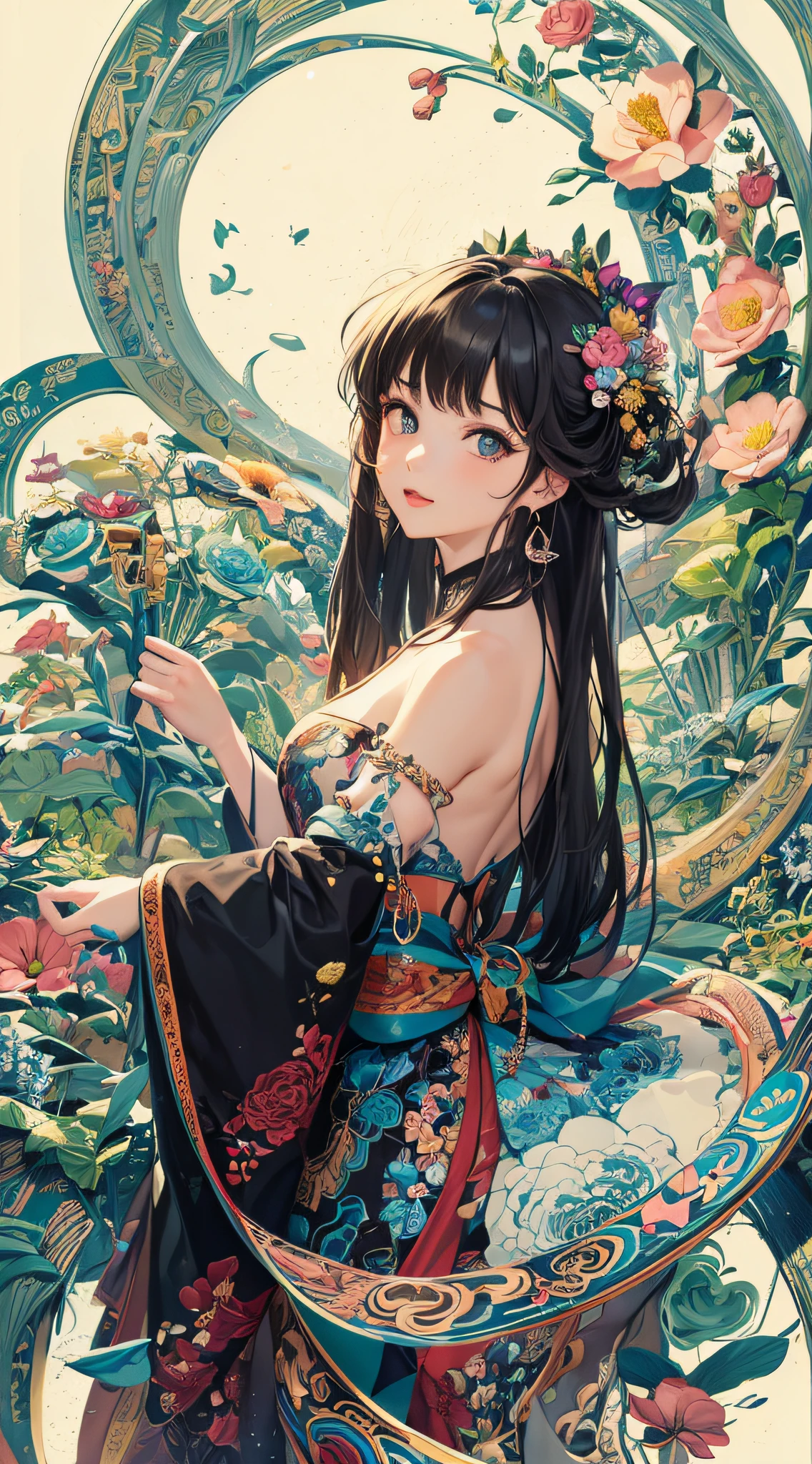 (Masterpiece, Top Quality, Best Quality, Official Art, Beauty and Aesthetics: 1.2), (1girl: 1.3), Very Detailed, (Fractal Art: 1.1), (Color: 1.1) (Flowers: 1.3), Most Detailed, (Zentangle: 1.2), (Dynamic Pose), (Abstract background: 1.3), (Chinese Traditional cloth: 1.2), ( Shiny skin), (many colors: 1.4), (earrings: 1.4), with a sea of flowers in the background