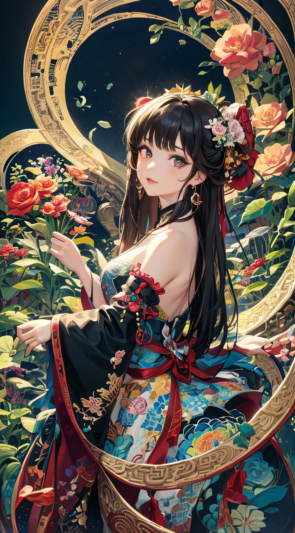 (Masterpiece, Top Quality, Best Quality, Official Art, Beauty and Aesthetics: 1.2), (1girl: 1.3), Very Detailed, (Fractal Art: 1.1), (Color: 1.1) (Flowers: 1.3), Most Detailed, (Zentangle: 1.2), (Dynamic Pose), (Abstract background: 1.3), (Chinese Traditional cloth: 1.2), ( Shiny skin), (many colors: 1.4), (earrings: 1.4), with a sea of flowers in the background