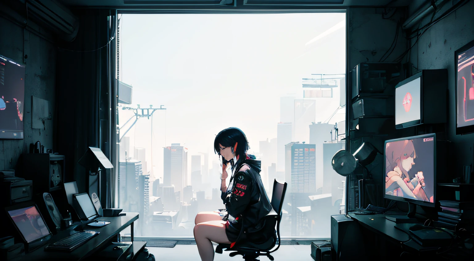 anime girl sitting in front of two computer monitors in a room, cyberpunk art style, lofi girl, digital cyberpunk - anime art, digital cyberpunk anime art, cyberpunk vibe, digital anime illustration, atey ghailan 8 k, cyberpunk vibes, lofi artstyle, cyberpunk anime art, cyberpunk artstyle, lofi portrait, cyberpunk atmosphere