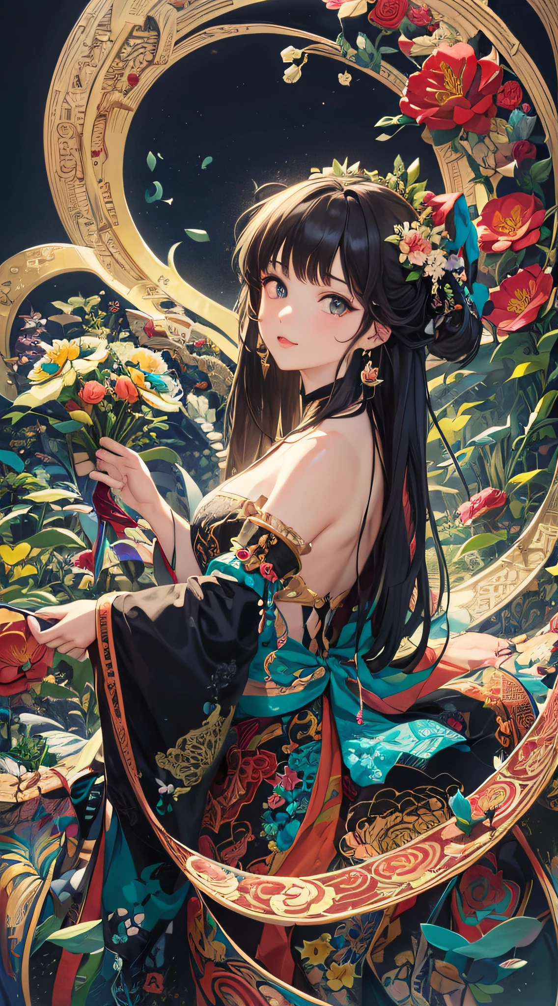 (Masterpiece, Top Quality, Best Quality, Official Art, Beauty and Aesthetics: 1.2), (1girl: 1.3), Very Detailed, (Fractal Art: 1.1), (Color: 1.1) (Flowers: 1.3), Most Detailed, (Zentangle: 1.2), (Dynamic Pose), (Abstract background: 1.3), (Chinese Traditional cloth: 1.2), ( Shiny skin), (many colors: 1.4), (earrings: 1.4), with a sea of flowers in the background
