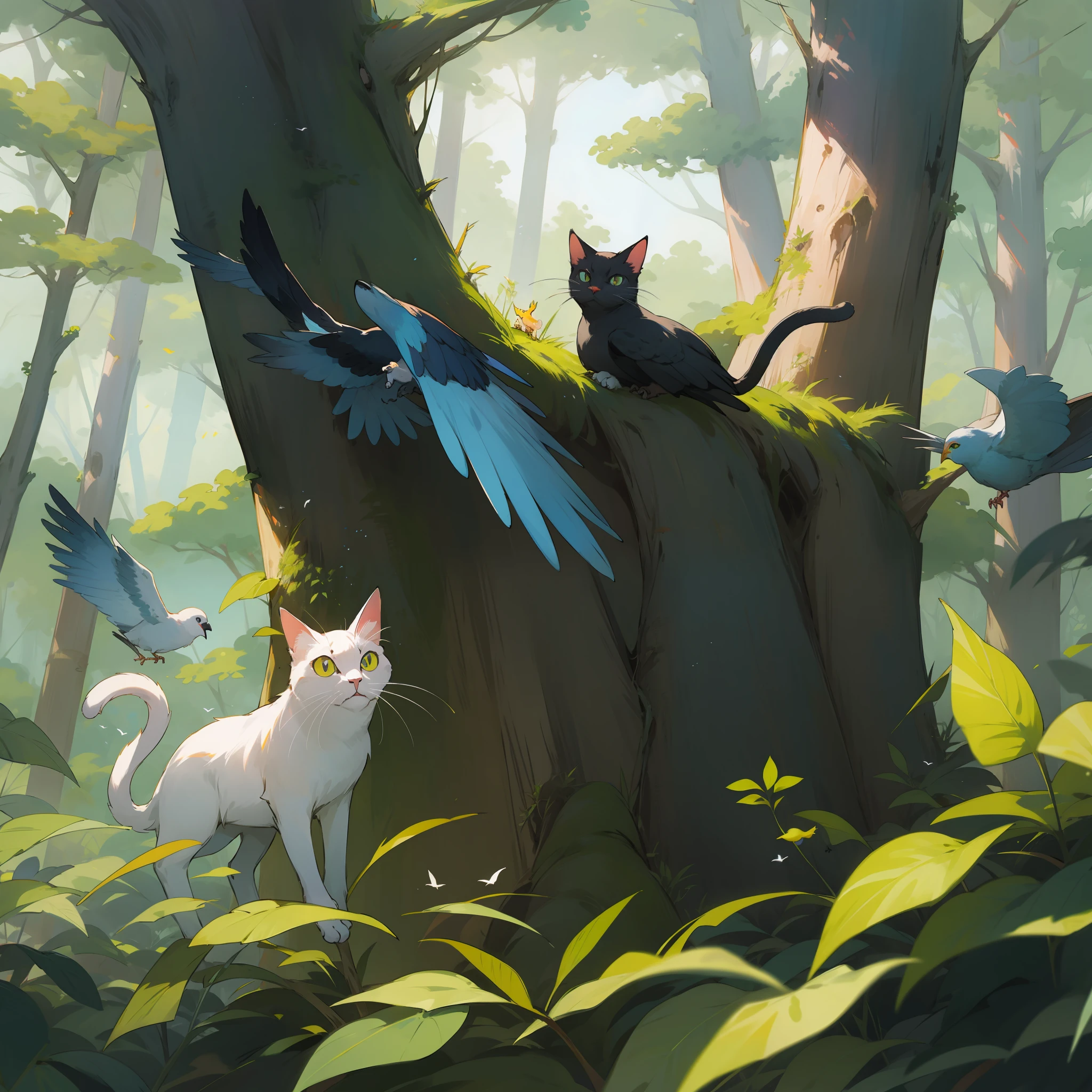 Birds and cat in the forest