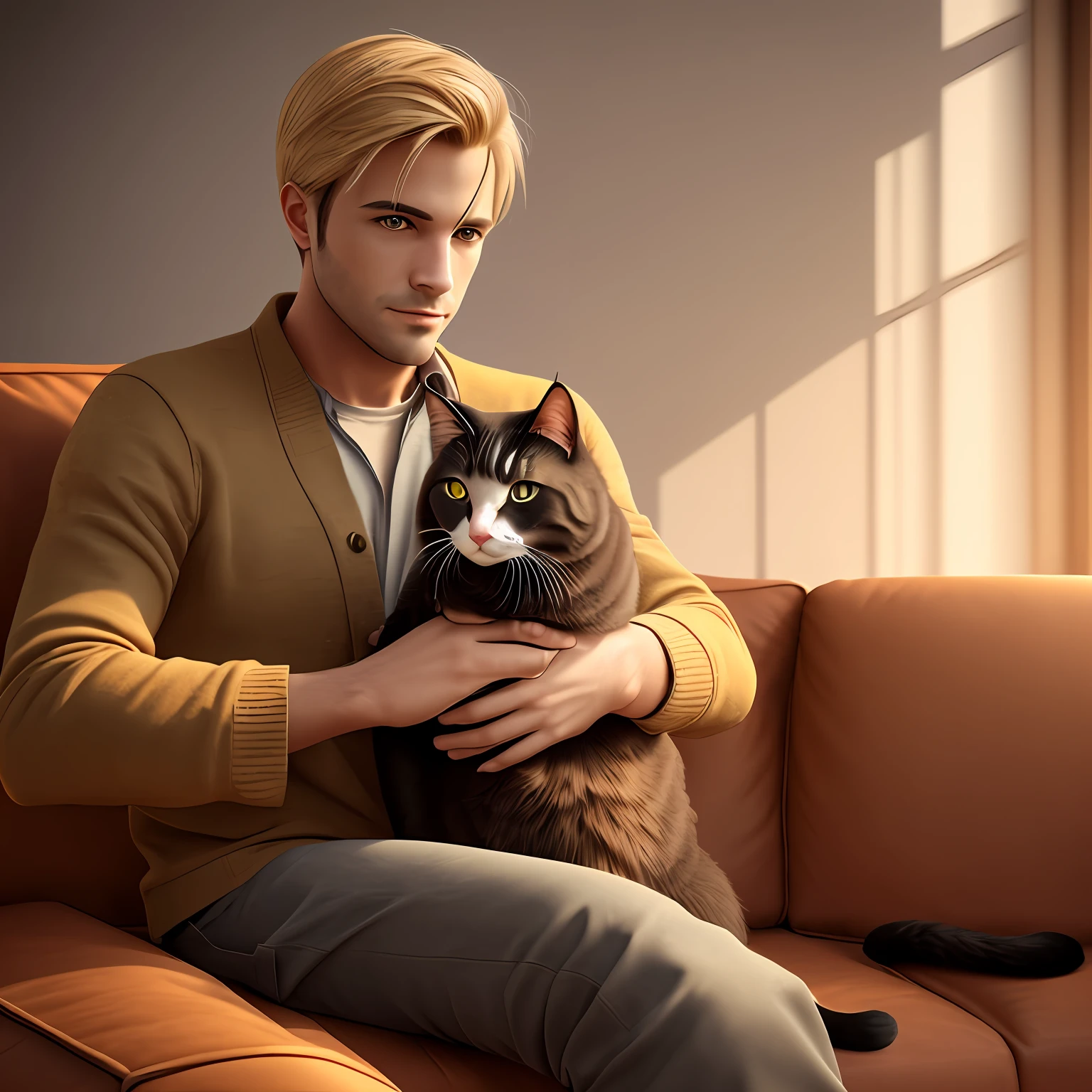 An adult male, medium view, blonde hair, sitting on sofa, real light and shadow, interior, golden eyes, amazing details, HD 3D, holding a cat in his hands --auto