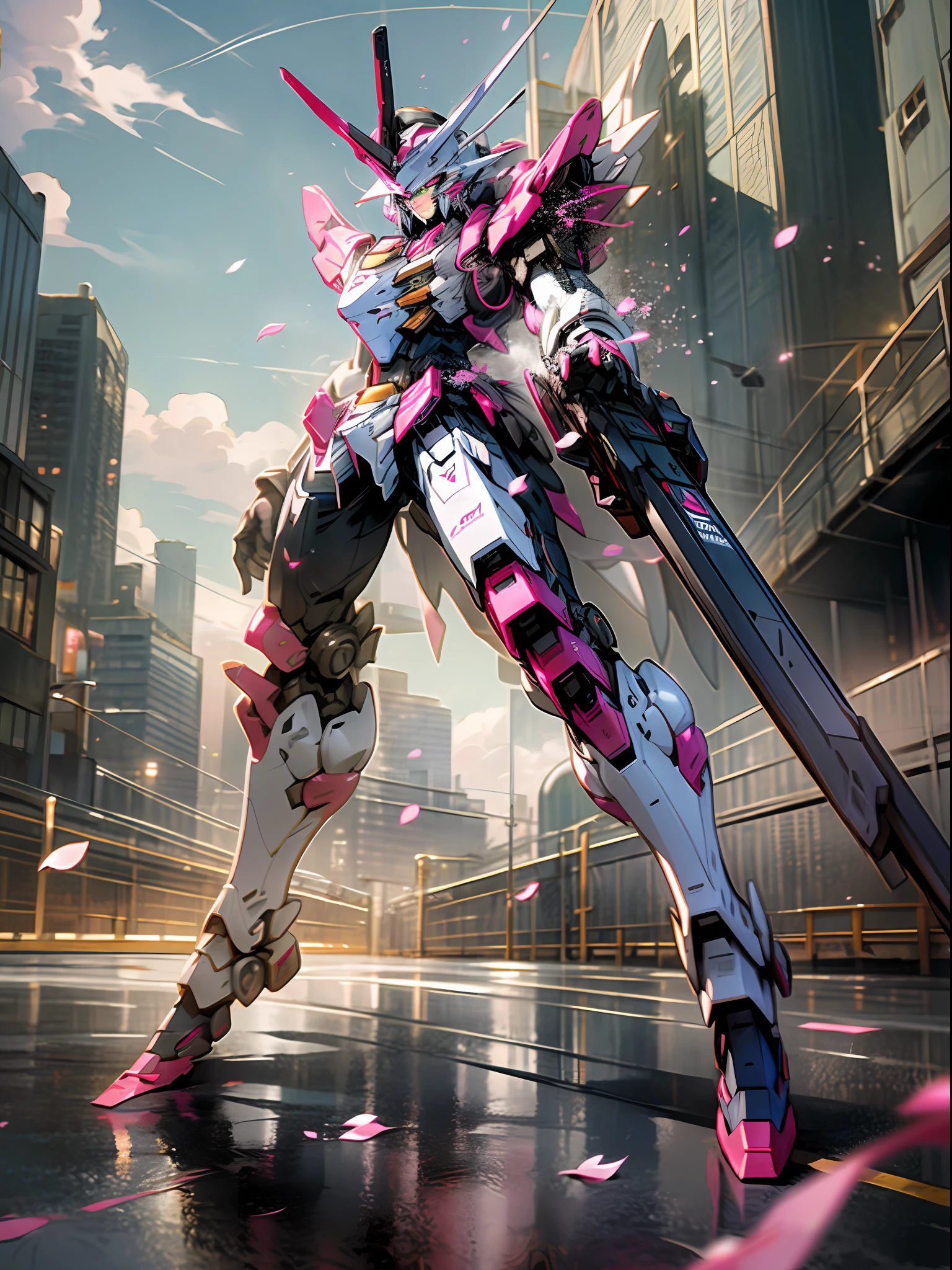 ((Best Quality)), ((Master)), (Very detailed: 1.3), 8K, cool drawing, full of sci-fi, pink reload Gundam with guns in the city, anime mech aesthetics, streamlined pink armor, Gundam humanoid mech, perfect body proportions, white clouds in the sky, cherry blossom pink background, looking up, ray tracing, light particles, nvidia rtx, super resolution, unreal 5, anime quadratic style, subsurface scattering, specular and albedo maps, rule of thirds, large aperture, Fighting stance.
