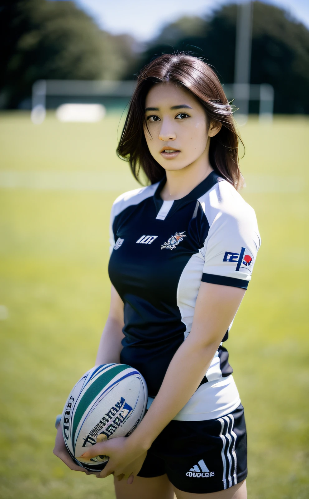 rugby, beautiful Japan woman, Hasselblad camera, RAW photography, (Real: 1.3), (Beautiful and attractive: 1.4)