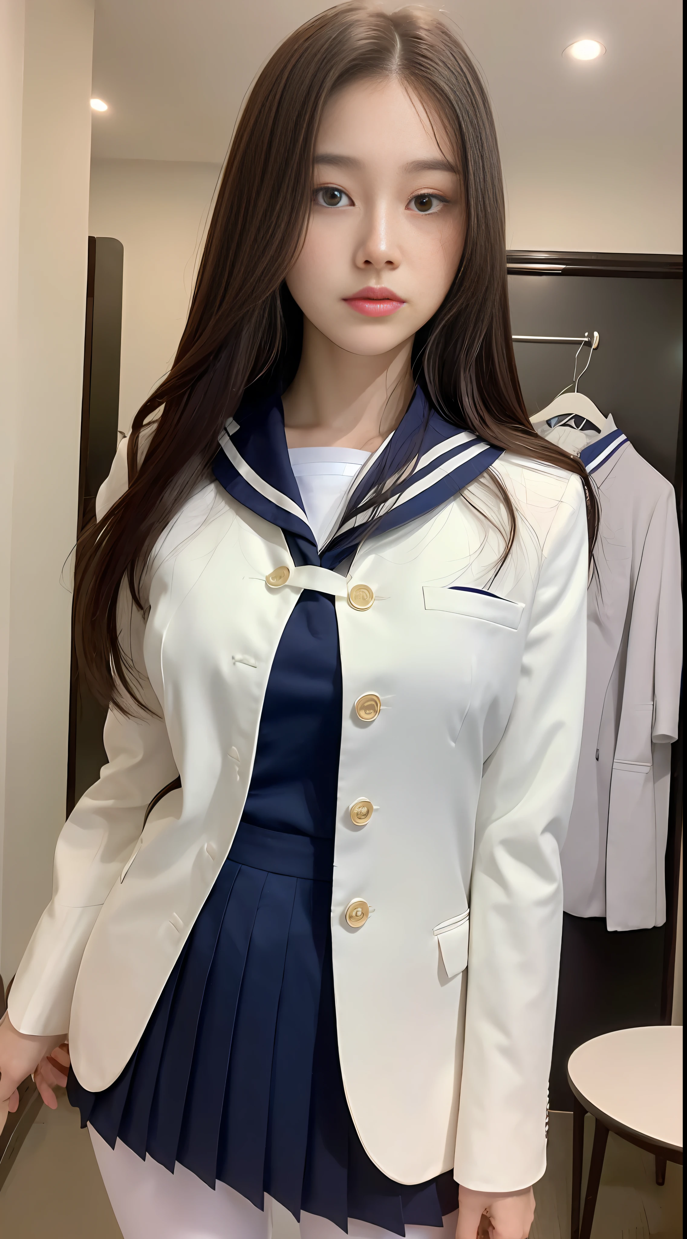 ((Night view, realistic light, best quality, 8k, masterpiece: 1.3)), 1 girl, slender beautiful woman: 1.4, (brown hair, huge breasts: 1.45), bed, super detailed face, detailed eyes, double eyelids, asian woman posing for photo pink skirt and white shirt, japanese girl school uniform, loose collar sailor uniform, sakimichan, amazing student uniform, white Japanese costume, ulzzang, wearing Japanese school uniform, Stylish white tights suit, beautiful, charming, beautiful to the extreme, close-up of the face