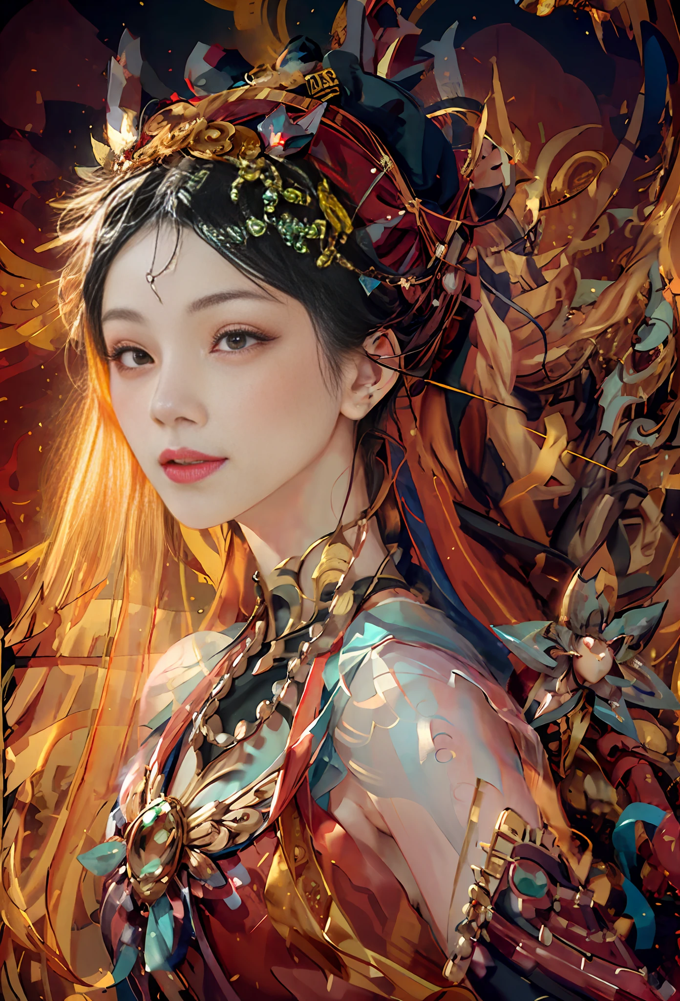 (Full body photo) (face with fabric (transparent)) (veil (black gold rimmed)) Dunhuang style, black gold-rimmed veil blocking the delicate face, high nose bridge, crimson lips look particularly charming, (dancing) (smiling) DUNHUANG _ CLOTHS
DUNHUANG _ STYLE
DUNHUANG _ BACKGROUND
DUNHUANG DRESS