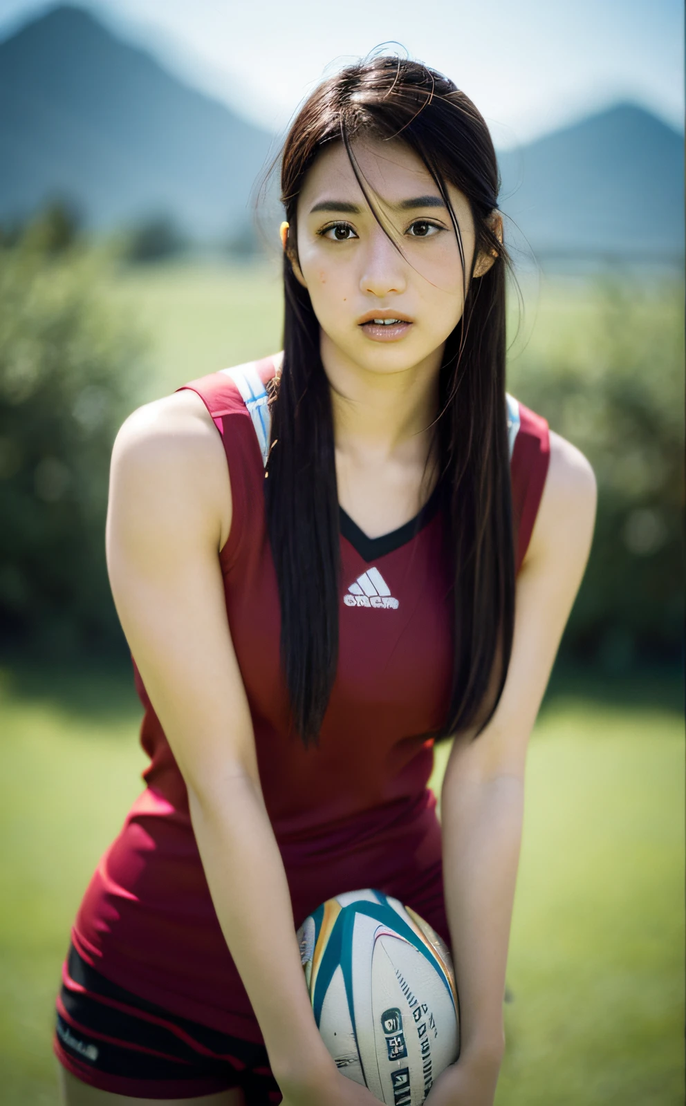 rugby, beautiful Japan woman, Hasselblad camera, RAW photography, (Real: 1.3), (Beautiful and attractive: 1.4)