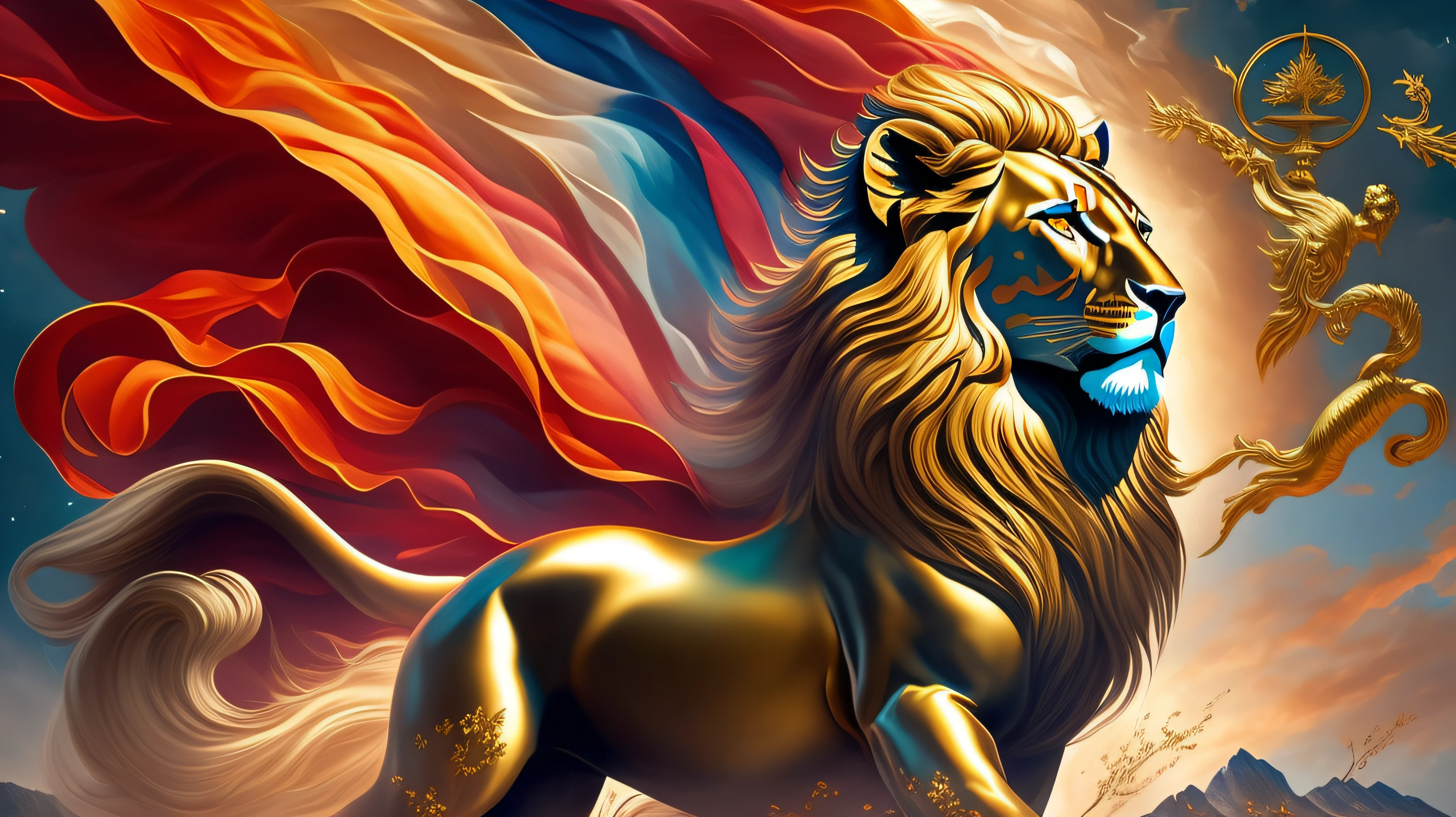 a silhouette design  of a lion, sunset design, t- shirt art, 3D vector art, cute and quirky, bright bold colorful.,  black background, watercolor effect, , digital painting, low-poly, soft lighting, bird's-eye view, isometric style, retro aesthetic, focused on the character, 4K resolution, photorealistic rendering, using Cinema 4D,front side --auto