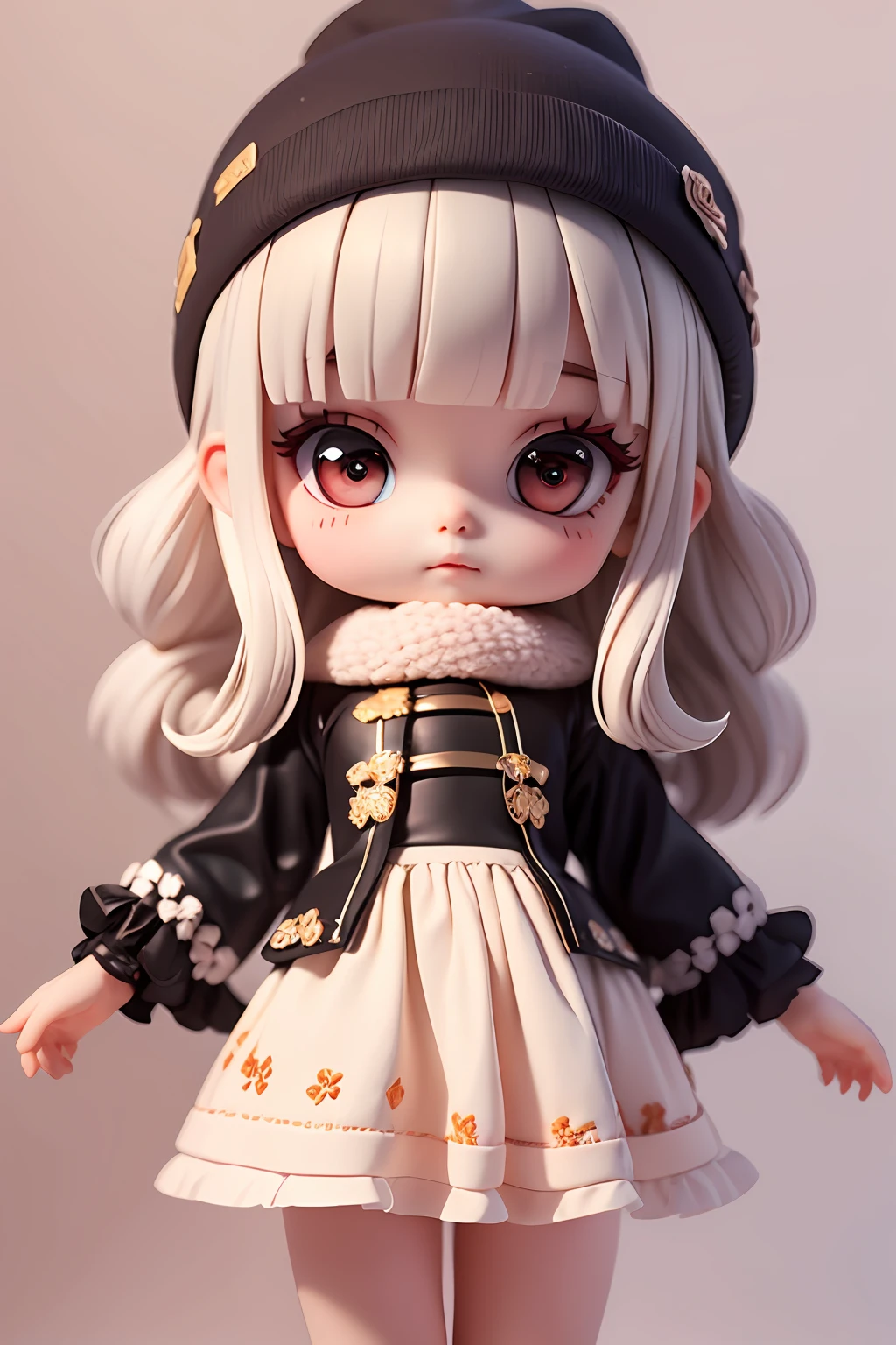 in fashionable dress with a lot of intricate decorations on her blouse, flared pants, black and white ribbons, big eyes, long eyelashes, wearing a beanie