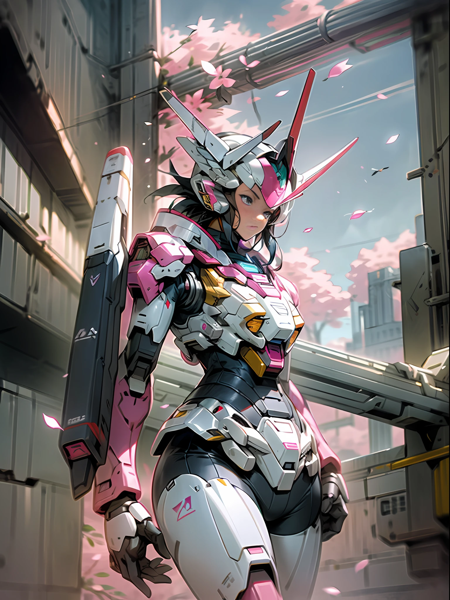 ((Best Quality)), ((Master)), (Very detailed: 1.3), 8K, cool drawing, full of sci-fi, pink reload Gundam with guns in the city, anime mech aesthetics, streamlined pink armor, Gundam humanoid mech, perfect body proportions, white clouds in the sky, cherry blossom pink background, looking up, ray tracing, light particles, nvidia rtx, super resolution, unreal 5, anime quadratic style, subsurface scattering, specular and albedo maps, rule of thirds, large aperture, Fighting stance.