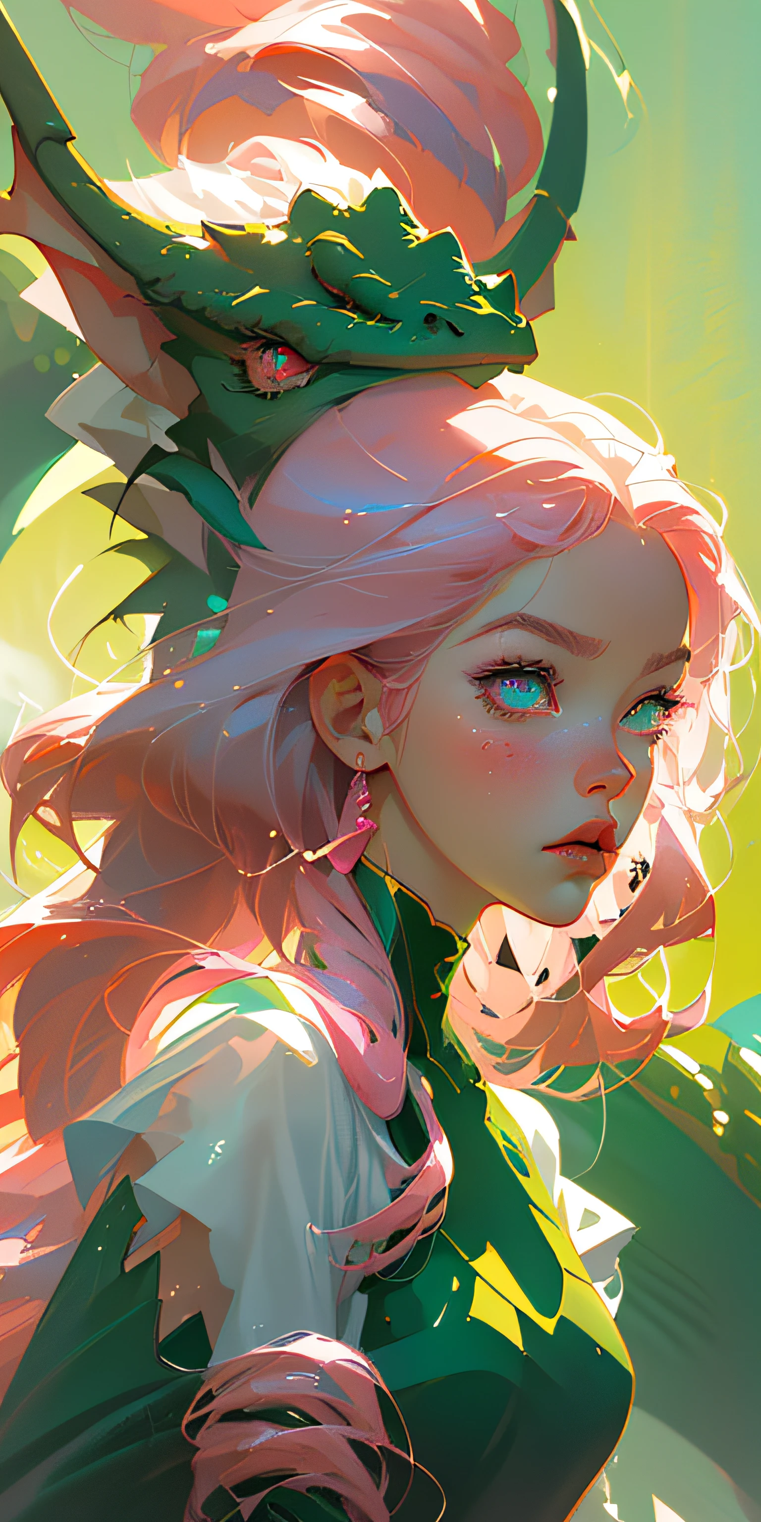 (masterpiece, best quality), 1girl, collarbone, rings, spiritual, straight hair, pony tail, looking at viewer, upper body, necklace, suspenders, gang at back, freckles, green hair, sunlight