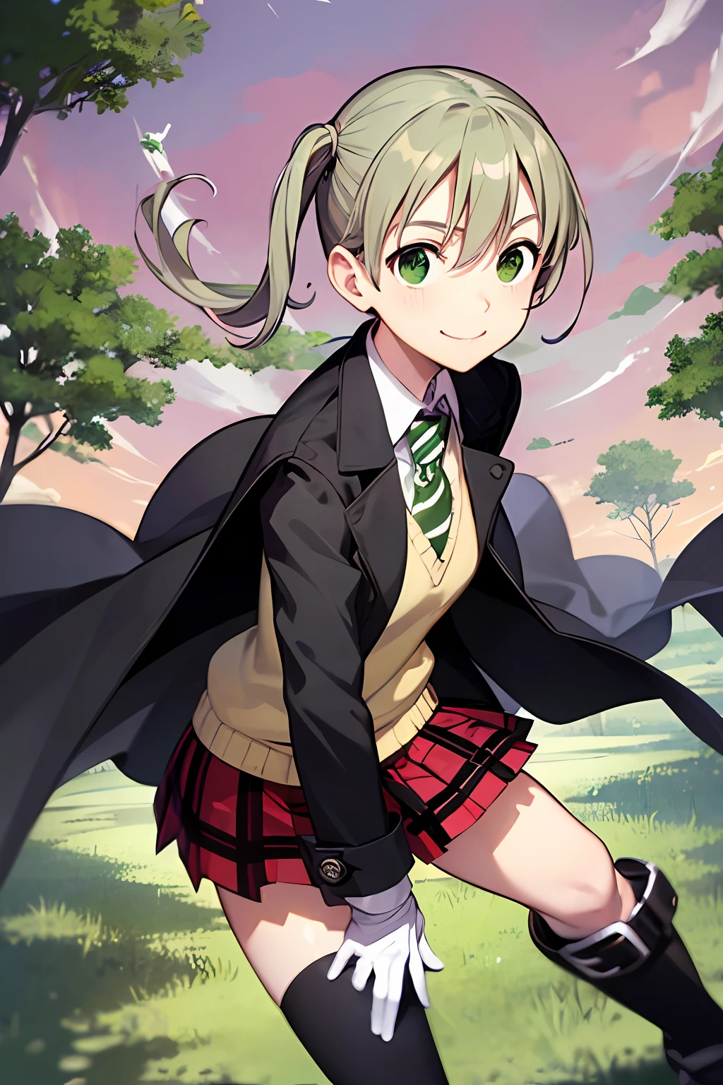 Maka Albarn, light smile, Schoolgirl attire, cape-like trench coat, white blouse with yellow sweater vest, green striped tie, red plaid skirt and black boots with white buckles, white gloves, big forest green eyes and ashy hair in a twin ponytail, illustrated by Atsushi Ohkubo, style of soul eater